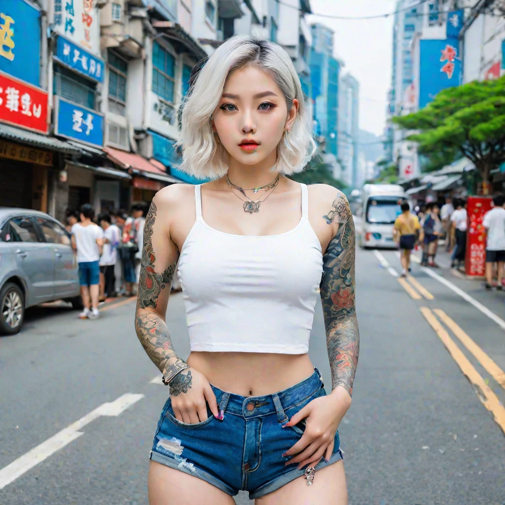 1girl, solo, (best quality, 4k, Masterpiece, ultra detailed), arafed woman with tattoos and a white top standing on a city street, perfect white-haired girl, pale hair, wearing a sexy crop top, beautiful body full, beautiful abdomen, beautiful and perfect legs, shorts, worn blue denim shorts, abdomen of Taiwanese girl with tattoos, Korean girl, beautiful perfect and realistic full body, blonde goddess, sexy look, with tattoos, with short top, tattooed , with long white hair.