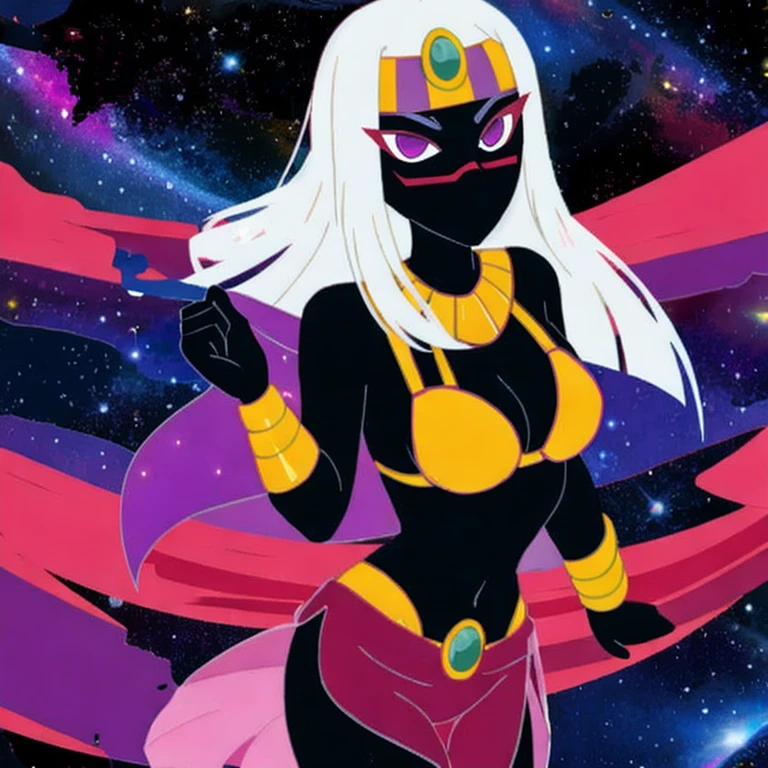 (masterpiece, best quality:1.2), 1girl, solo, no mouth, red face mark, red eyelids, purple eyes, bikini top, necklace, harem skirt, white hair, bracelets, Tyr'ahnee, space background, cartoon
