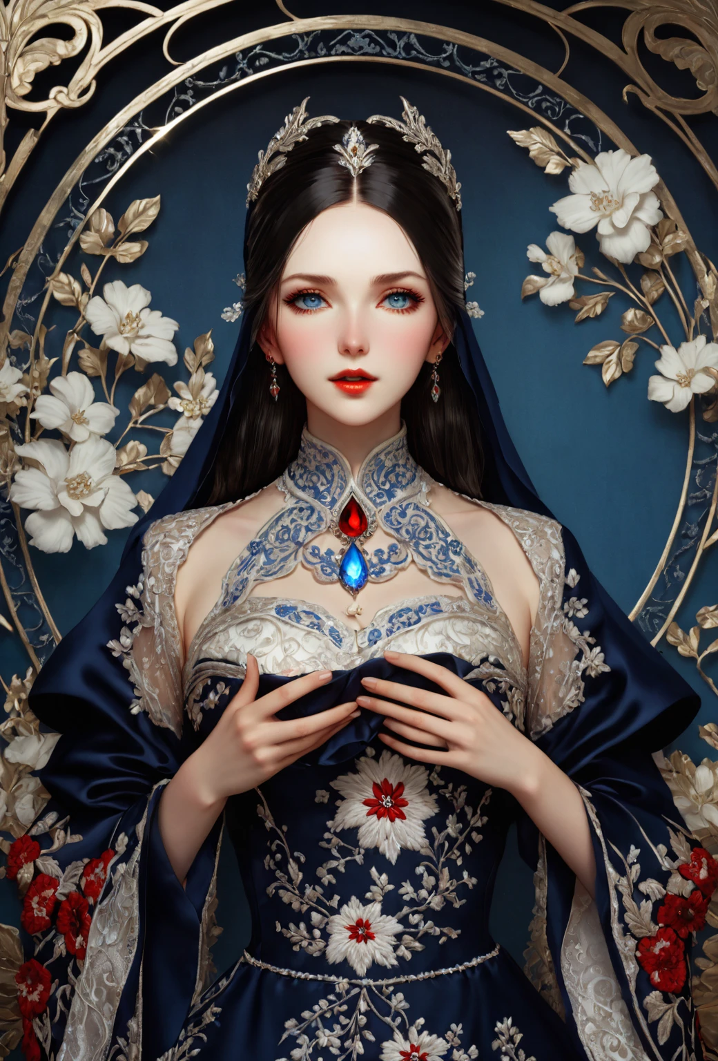 ((extremely detailed CG unity 8k wallpaper)), masterpiece, ultra-detailed, floating, high resolution, sexually suggestive, (petite, absurdly long white hair, princess, white mage, blue eyes, (ornate long white and red see through layered long dress with long detached wide sleeves and intricate embroidery), bridal veil, circlet, bridal gauntlets, blushing, shy, arched back, ruffled petticoat, ornate corset,