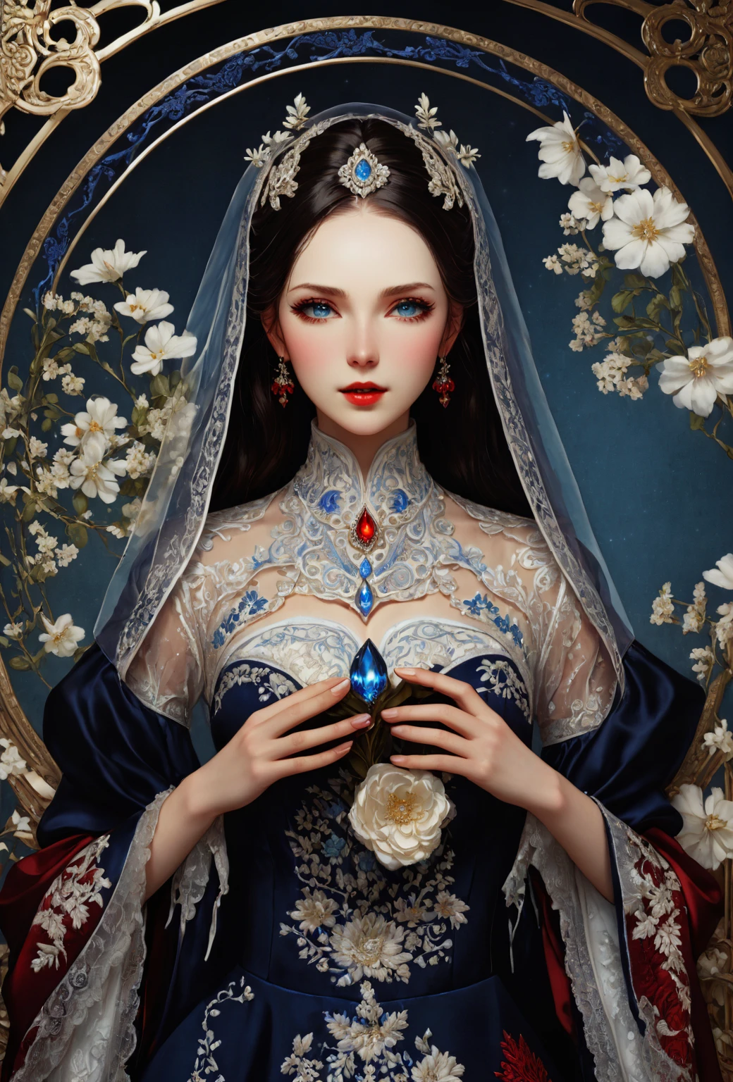 ((extremely detailed CG unity 8k wallpaper)), masterpiece, ultra-detailed, floating, high resolution, sexually suggestive, (petite, absurdly long white hair, princess, white mage, blue eyes, (ornate long white and red see through layered long dress with long detached wide sleeves and intricate embroidery), bridal veil, circlet, bridal gauntlets, blushing, shy, arched back, ruffled petticoat, ornate corset,