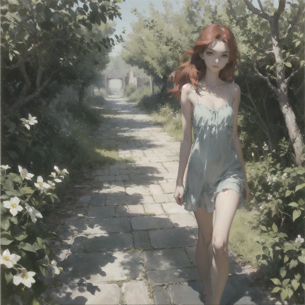 Beautiful slender thin exquisite (nude) girl 16 years old with a perfect face of the southern type with red hair with delicate beautiful expressive breasts with tender nipples barefoot with bare hips ((with red pubic hairs)) ((in a light green light summer short sundress on a naked body)) (we are panties) walks along a brick road in the middle of a flowering field, in a gentle watercolor style, Discreet shades, sfumato, haze, diffused dim light, delicate mint shades, imitation of film photography, (olive and grape groves, Brick Road), (High image quality, Maximum detail)