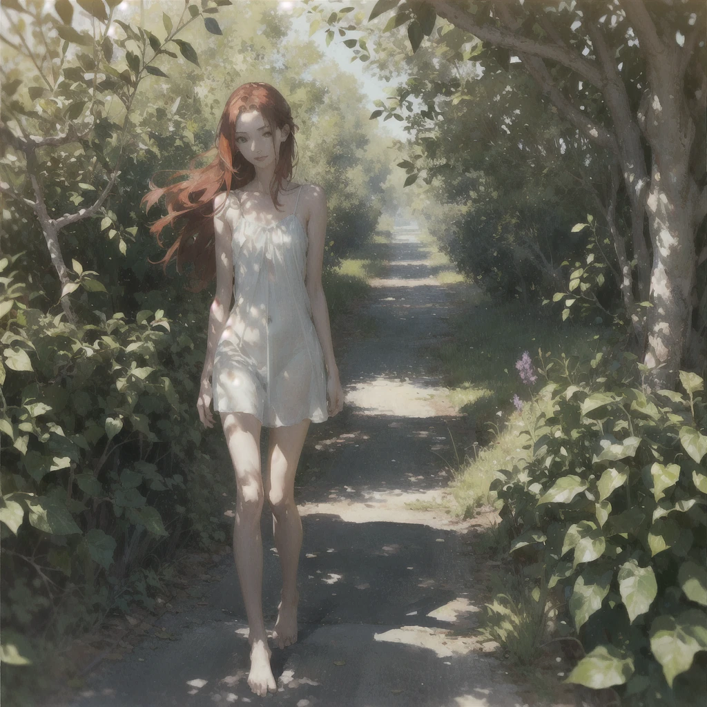 Beautiful slender thin exquisite (nude) girl 16 years old with a perfect face of the southern type with red hair with delicate beautiful expressive breasts with tender nipples barefoot with bare hips ((with red pubic hairs)) ((in a light green light summer short sundress on a naked body)) (we are panties) walks along a brick road in the middle of a flowering field, in a gentle watercolor style, Discreet shades, sfumato, haze, diffused dim light, delicate mint shades, imitation of film photography, (olive and grape groves, Brick Road), (High image quality, Maximum detail)