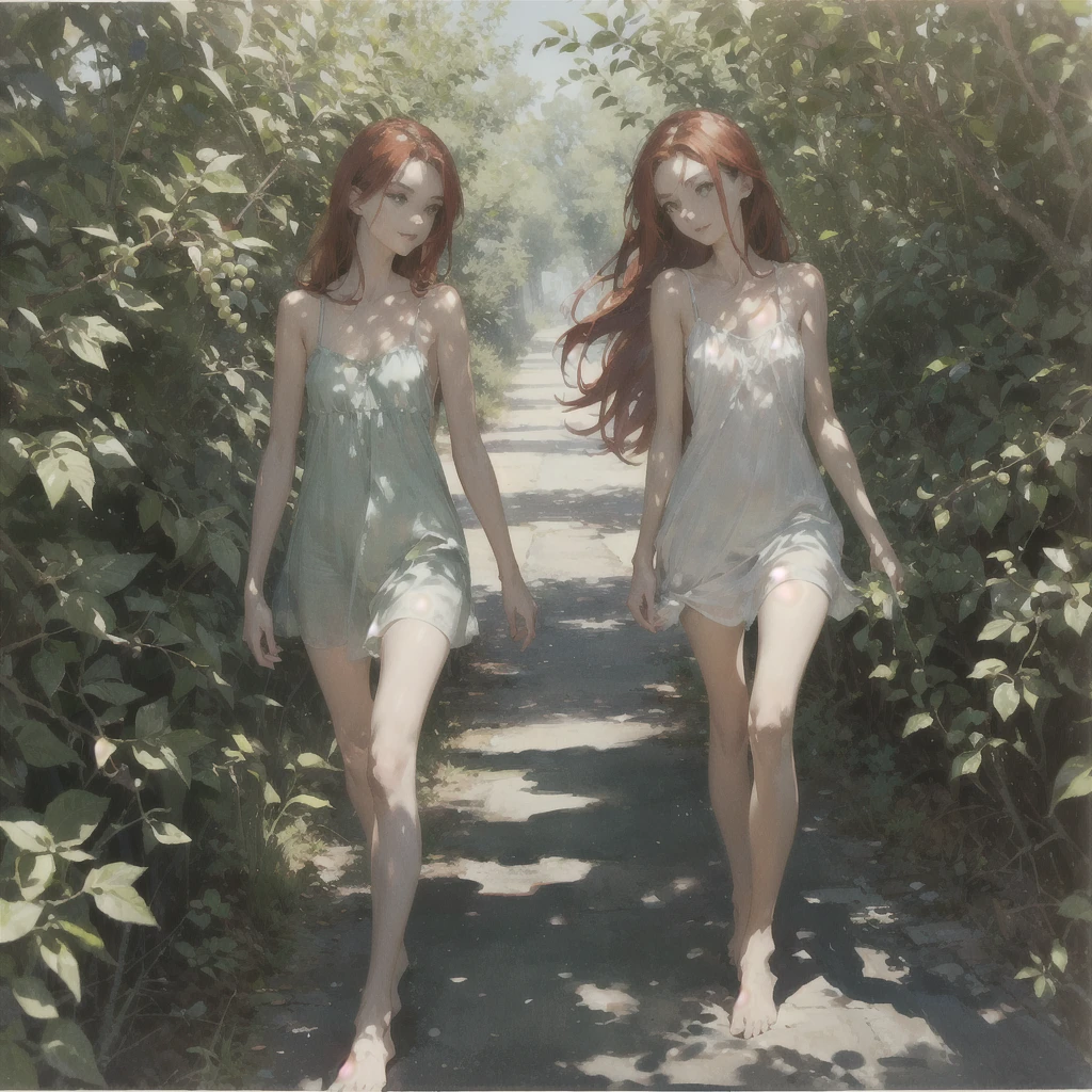 Beautiful slender thin exquisite (nude) girl  with a perfect face of the southern type with red hair with tender breasts with tender nipples barefoot with bare hips ((with red pubic hairs)) ((in an unbuttoned orange shirt on a naked body)) walks along a brick road in the middle of a flowering field, in a gentle watercolor style, Discreet shades, sfumato, haze, diffused dim light, delicate mint shades, imitation of film photography, (olive and grape groves, Brick Road)