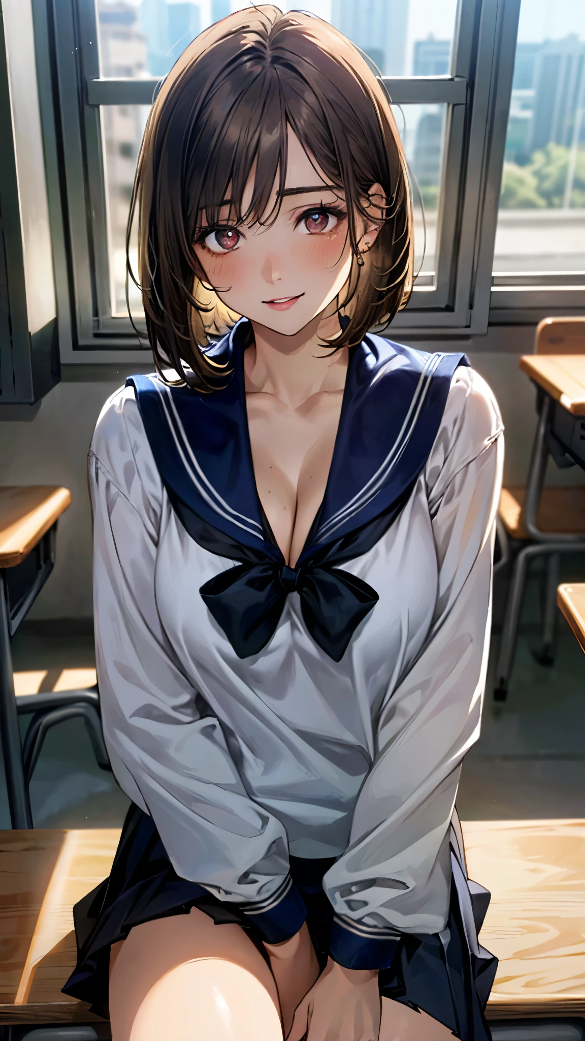 (masterpiece:1.3, top-quality, ultra high resolution, ultra detailed), (realistic, photorealistic:1.4), beautiful illustration, perfect lighting, natural lighting, depth of fields, portrait, 
beautiful detailed hair, beautiful detailed face, beautiful detailed eyes, beautiful clavicle, beautiful body, beautiful chest, beautiful thigh, beautiful legs, beautiful hands, 
looking at viewer, (face focus, upperbody), 1 girl, high school girl, (perfect anatomy, anatomically correct), cute and symmetrical face, babyface, perfect face, perfect eyes, super detailed skin, 
(short hair, bob cut:1,2, light brown hair), crossed bangs, navy eyes, long eye lasher, (medium breasts, juicy thighs, attractive thighs, cleavage:1.2), 
((detailed cloth texture, serafuku, long sleeves, pleated skirt, sailor collar, scarf), finest underwear), 
(beautiful scenery), evening, (classroom, sunlights, window), (hands on one's face, elbows on the desk, sit up, face in love), (seductive smile, upper eyes, parted lips), 