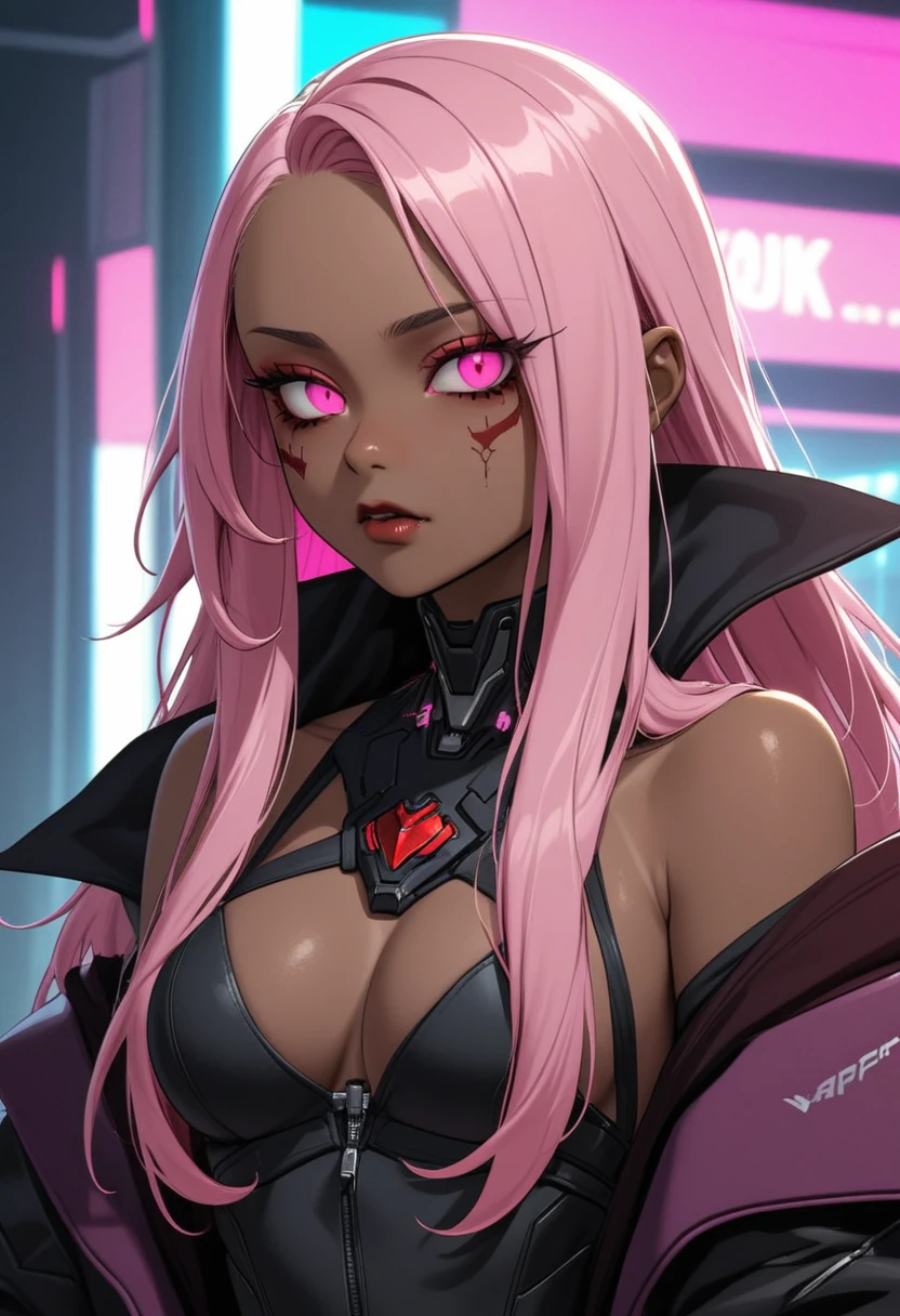Dark-skinned woman with long pink hair, vampire-witch hybrid, cyberpunk, apathetic