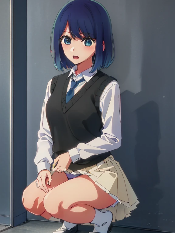 Beautiful lighting, One Girl, solo, Akane, White shirt, (((skirt)))，Sweater vest, Black vest, Blue tie, ((Anime Style))、((2D))、Laughter、Open your mouth、Look forward，((Cotton panties with crotch))，(((skirtめくり, I can see your pants)))，squat，From below，squat，squat，blush，