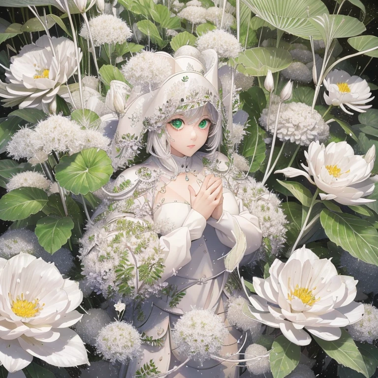 White world、A pure white plant that lacks chlorophyll、A beautiful woman lost in a land of white plants、Surrounded by a forest of fantastic white plants、Only the eyes are green