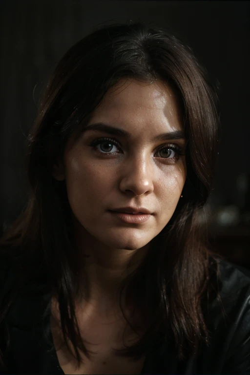 (close-up, editorial photograph of a 25 yo woman from the 1960's), (highly detailed face:1.6) (smile:0.9) (background inside dark, moody, private study:1.3) POV, by lee jeffries, nikon d850, film stock photograph ,4 kodak portra 400 ,camera f1.6 lens ,rich colors ,hyper realistic ,lifelike texture, dramatic lighting , cinestill 800
