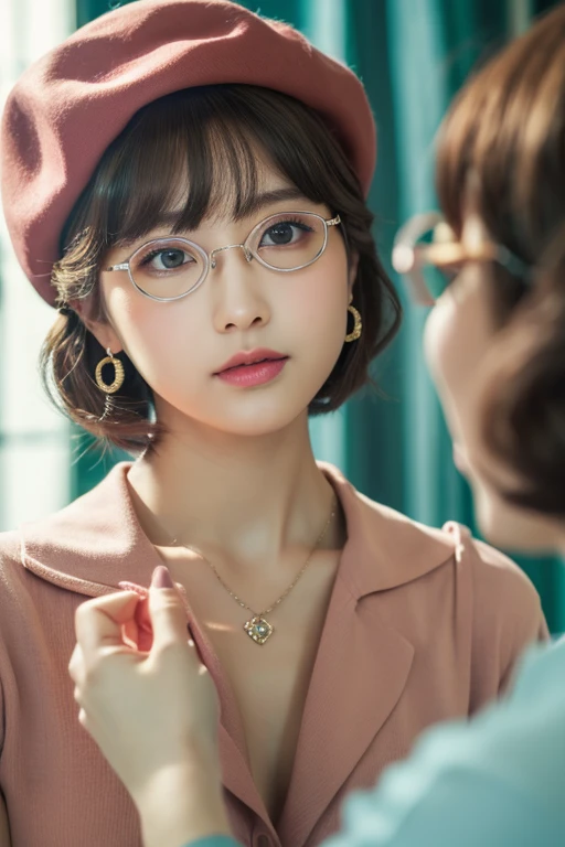 Masterpiece, top quality, cinematic lighting, complex composition, looking at the viewer, two girls, cheeks, earrings, short bob cut, thin arms with glasses, beret, summer scarf, blue-brown contact lenses, eyes catch the light, pink lips, nails