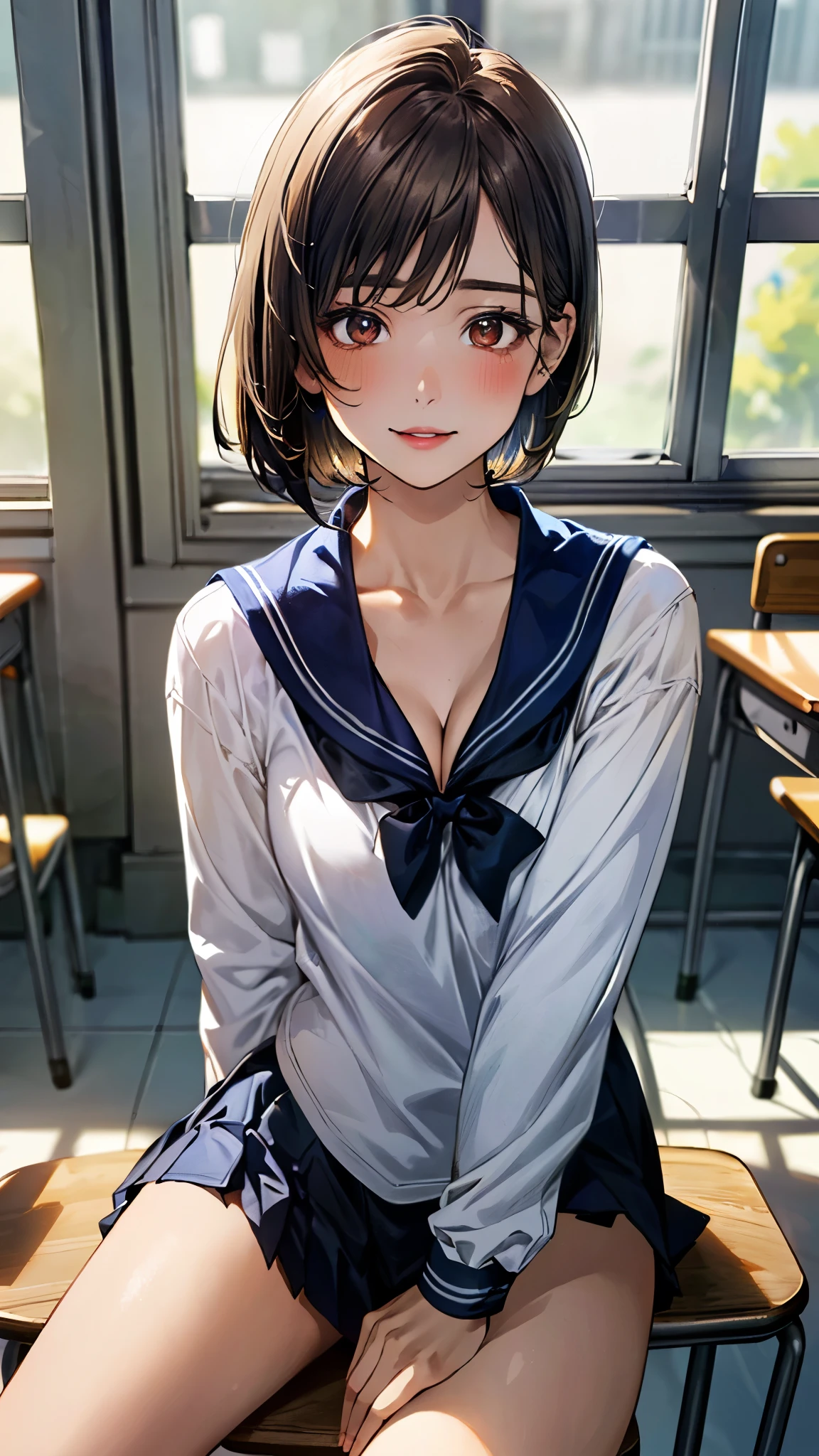 (masterpiece:1.3, top-quality, ultra high resolution, ultra detailed), (realistic, photorealistic:1.4), beautiful illustration, perfect lighting, natural lighting, depth of fields, portrait,
beautiful detailed hair, beautiful detailed face, beautiful detailed eyes, beautiful clavicle, beautiful body, beautiful chest, beautiful thigh, beautiful legs, beautiful hands,
looking at viewer, (face focus, upperbody), 1 girl, high school girl, (perfect anatomy, anatomically correct), cute and symmetrical face, babyface, perfect face, perfect eyes, super detailed skin,
(short hair, bob cut:1,2, light brown hair), crossed bangs, navy eyes, long eye lasher, (medium breasts, juicy thighs, attractive thighs, cleavage:1.2),
((detailed cloth texture, serafuku, long sleeves, pleated skirt, sailor collar, scarf), finest underwear),
(beautiful scenery), evening, (classroom, sunlights, window), (sitting school chair, hands on one's face, elbows on the desk, sit up, face in love), (seductive smile, upper eyes, parted lips),
