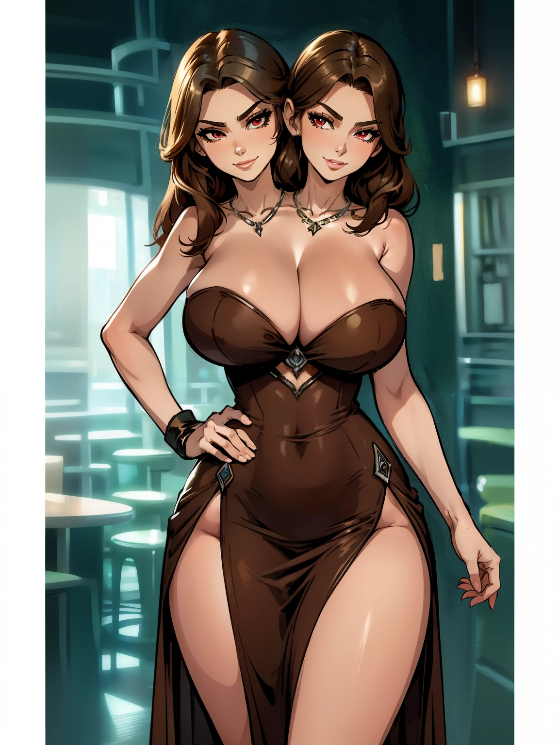 best quality, (masterpiece),(ultra-detailed), (high quality), (high resolution), ((2heads:1.5)), best quality:1.5, highres, UHD, 16K), two headed woman, smiling, highres, masterpiece, ((brown hair)),cleavage, ((silver dress)), lustrous and smooth skin, huge breasts, (mature woman), seductive silhouette, ((slim hips)), casual dress, sexy proportions, Beautiful girl with accentuated slender abs, long legs, seductive woman, party background, necklace, body con dress, strapless, sleeveless, red eyes, green eyes, long hair