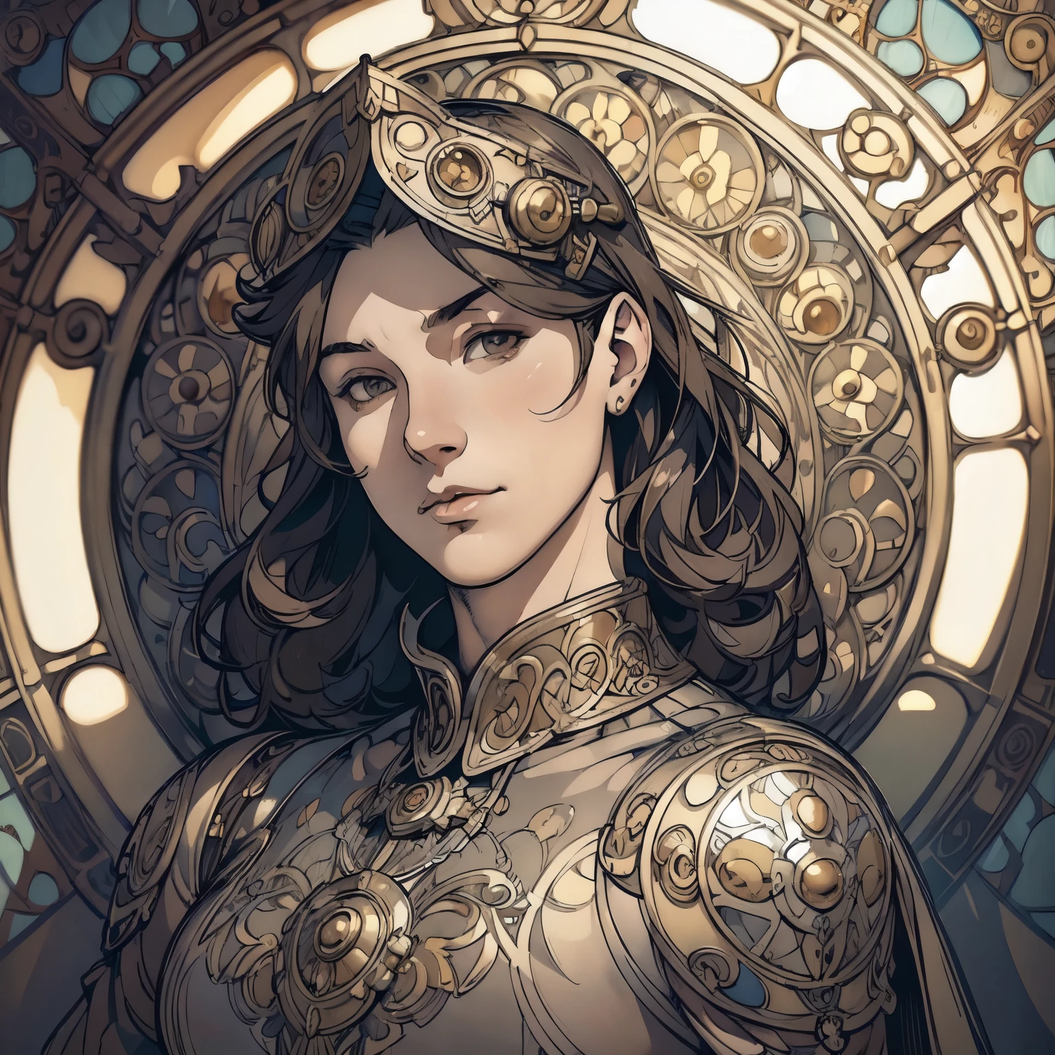 ((Detailed face)),((Mucha's style)),(portrait),((muscular male)),long hair,short hair,Wearing steampunk armour(Medieval  male soldier),(Mucha in the background),(high position:1.8)
