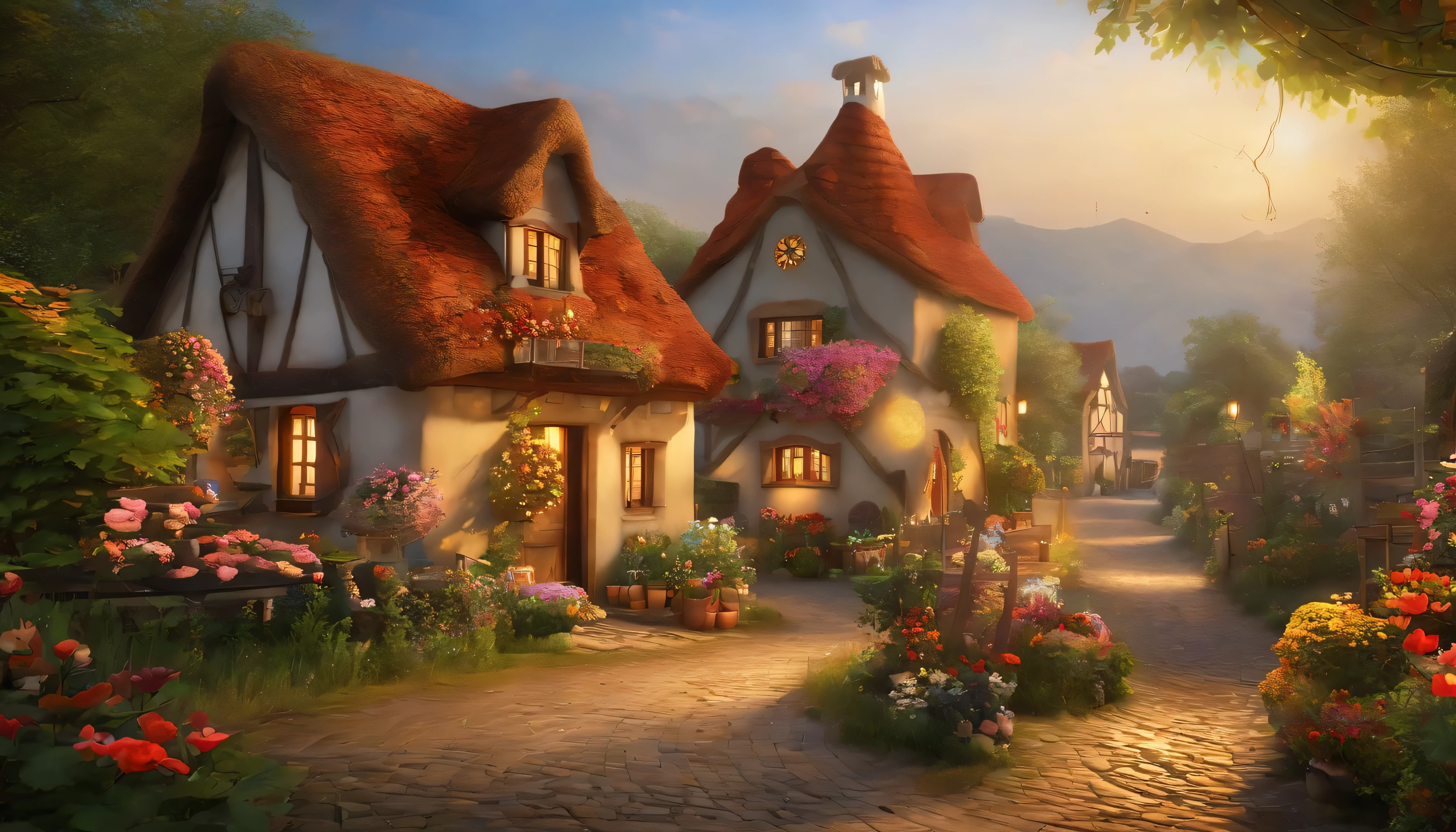 "A quiet and picturesque village, where the story unfolds. Peaceful and enchanting atmosphere, With vintage charm. Quaint Cottage, Cobblestone Street, And the flowers bloom. (Include elements such as: Villagers, Day々Activities, Traditional customs, festival). Immersive colors and soft lighting bring a sense of warmth and nostalgia. Capturing the essence of community and the joy of simple pleasures. Take us to a world of tranquility and fun stories."