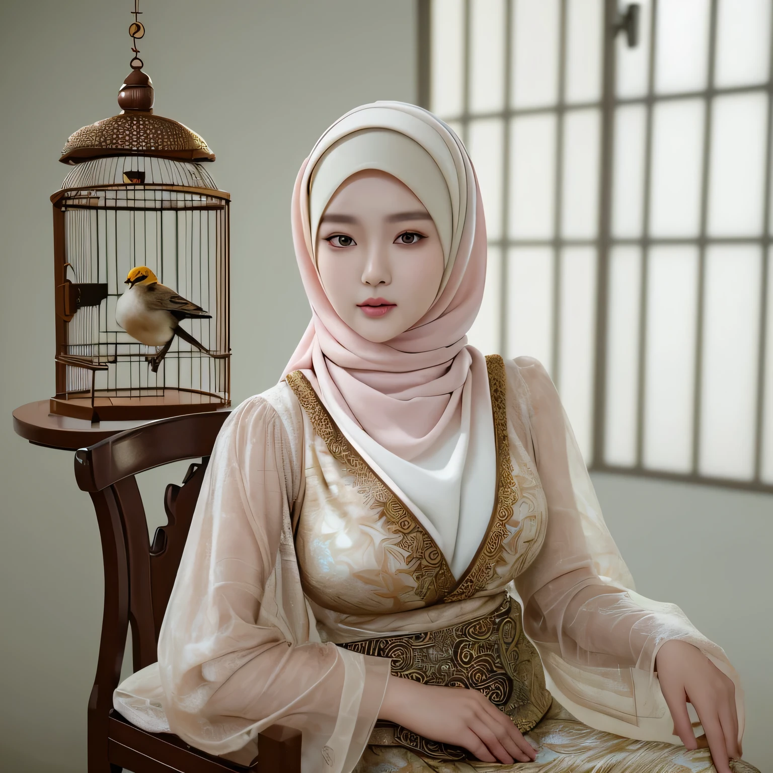 RAW, Best quality, high resolution, masterpiece: 1.3), beautiful Korean woman in hijab (iu:0.8)1beautiful Korean woman ,((big breast)),detail face,perfect yeyes, soft smile, sitting on a chair in a room with a bird cage, batik, traditional beauty, with beautiful exotic, very beautiful enga style, with lovely look, idian dress, style of ade santora, inspired by Sasha Putrya, inspired by Mym Tuma, inspired by Basuki Abdullah, wearing an ornate outfit, inspired by Shaddy Safadi