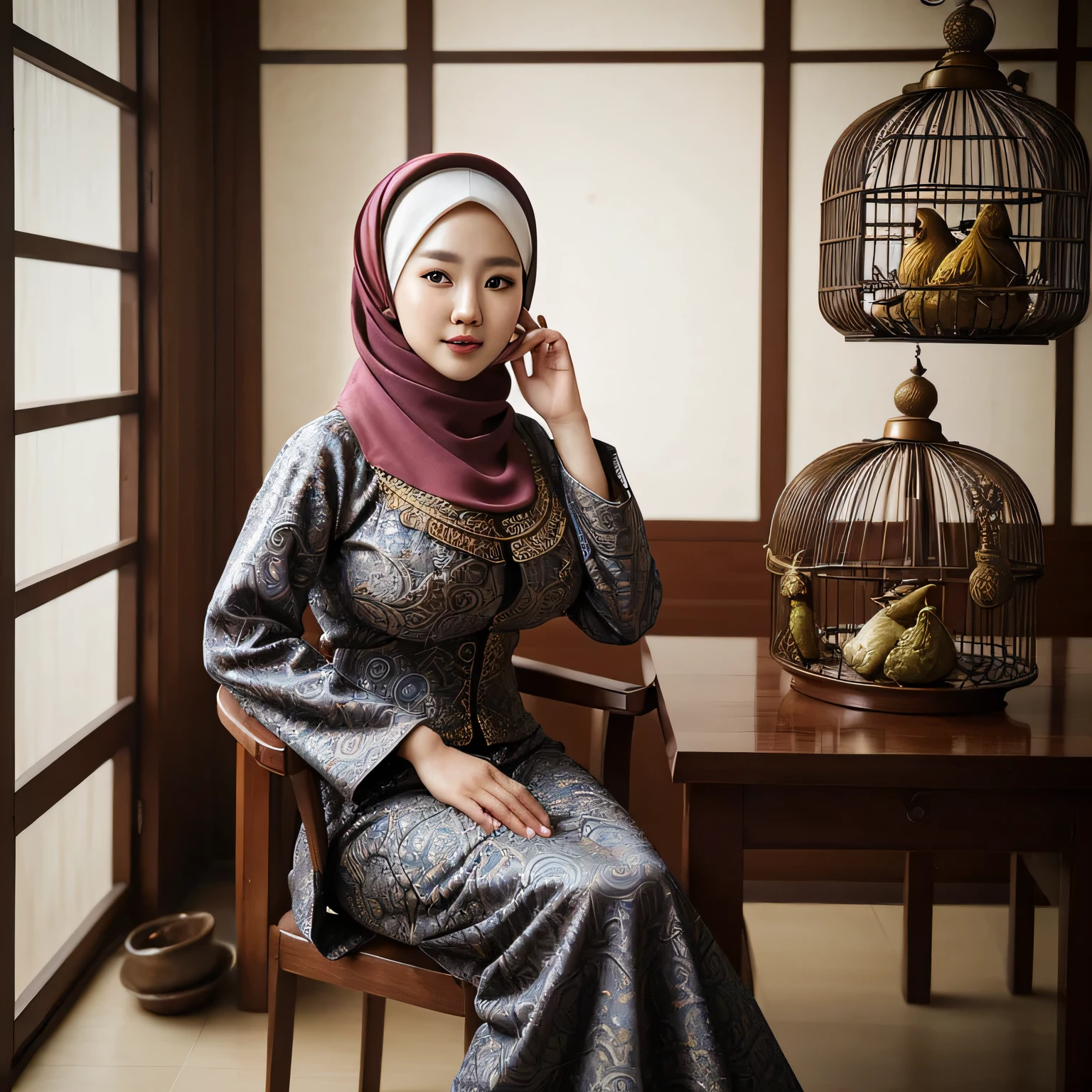 RAW, Best quality, high resolution, masterpiece: 1.3), beautiful Korean woman in hijab (iu:0.8)1beautiful Korean woman ,((big breast)),detail face,perfect yeyes, soft smile, sitting on a chair in a room with a bird cage, batik, traditional beauty, with beautiful exotic, very beautiful enga style, with lovely look, idian dress, style of ade santora, inspired by Sasha Putrya, inspired by Mym Tuma, inspired by Basuki Abdullah, wearing an ornate outfit, inspired by Shaddy Safadi