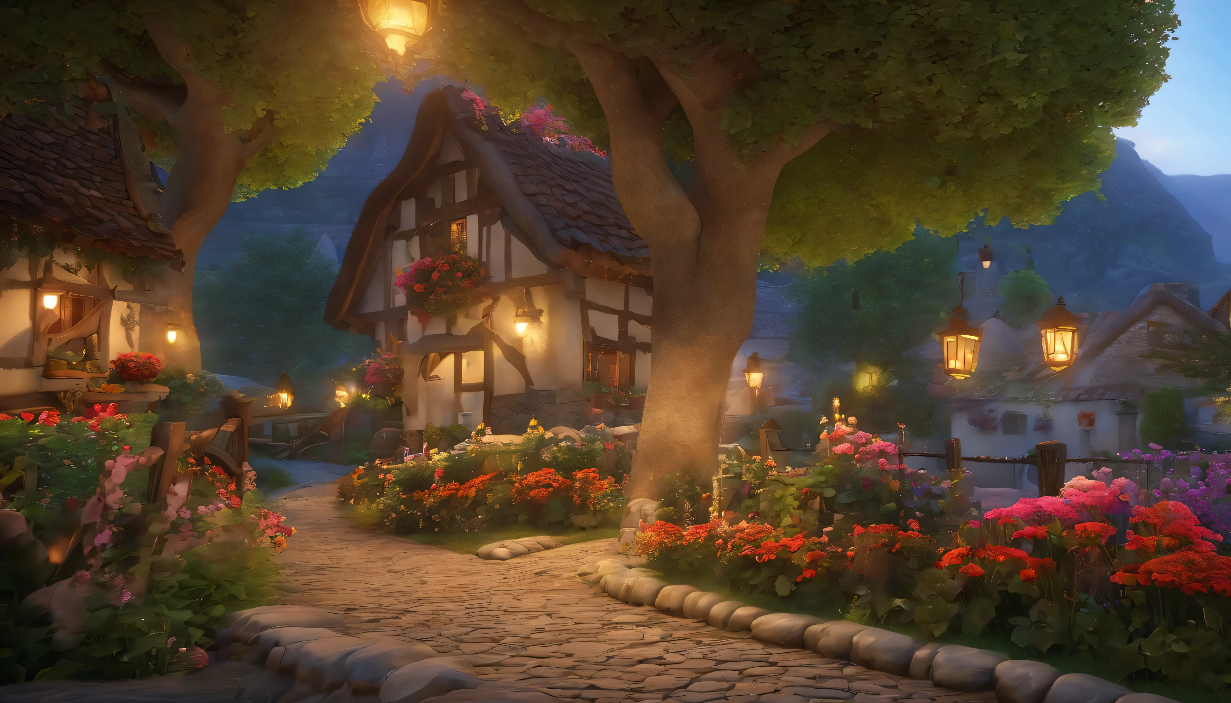 "A quiet and picturesque village, where the story unfolds. Peaceful and enchanting atmosphere, With vintage charm. Quaint Cottage, Cobblestone Street, And the flowers bloom. (Include elements such as: Villagers, Day々Activities, Traditional customs, festival). Immersive colors and soft lighting bring a sense of warmth and nostalgia. Capturing the essence of community and the joy of simple pleasures. Take us to a world of tranquility and fun stories."