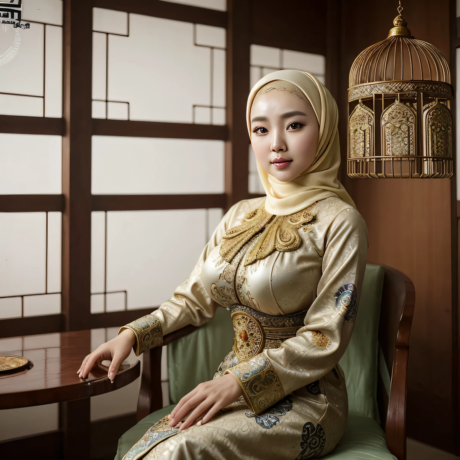 RAW, Best quality, high resolution, masterpiece: 1.3), beautiful Korean woman in hijab (iu:0.8)1beautiful Korean woman ,((big breast)),detail face,perfect yeyes, soft smile, sitting on a chair in a room with a bird cage, batik, traditional beauty, with beautiful exotic, very beautiful enga style, with lovely look, idian dress, style of ade santora, inspired by Sasha Putrya, inspired by Mym Tuma, inspired by Basuki Abdullah, wearing an ornate outfit, inspired by Shaddy Safadi