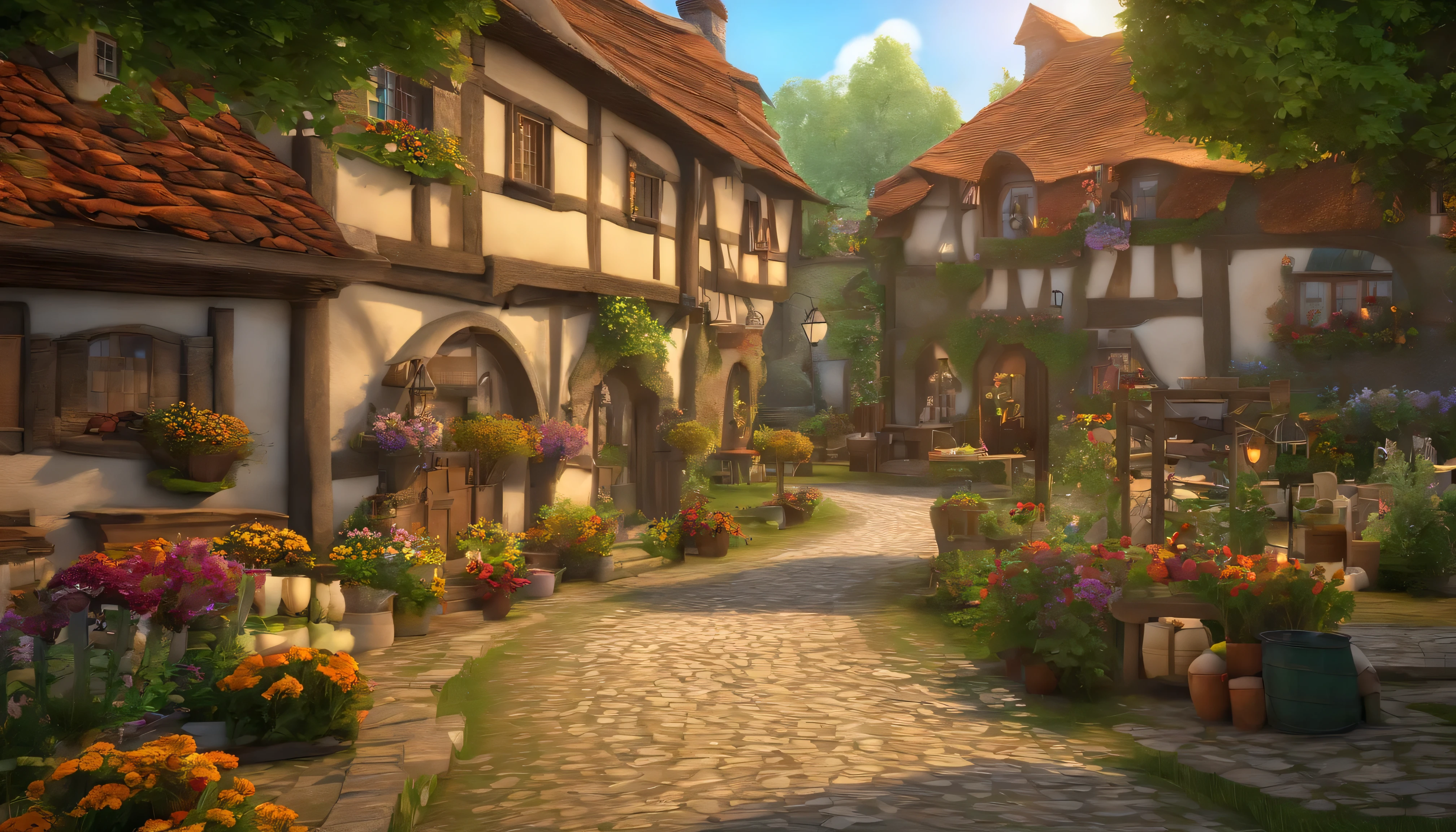 "A quiet and picturesque village, where the story unfolds. Peaceful and enchanting atmosphere, With vintage charm. Quaint Cottage, Cobblestone Street, And the flowers bloom. (Include elements such as: Villagers, Day々Activities, Traditional customs, festival). Immersive colors and soft lighting bring a sense of warmth and nostalgia. Capturing the essence of community and the joy of simple pleasures. Take us to a world of tranquility and fun stories."