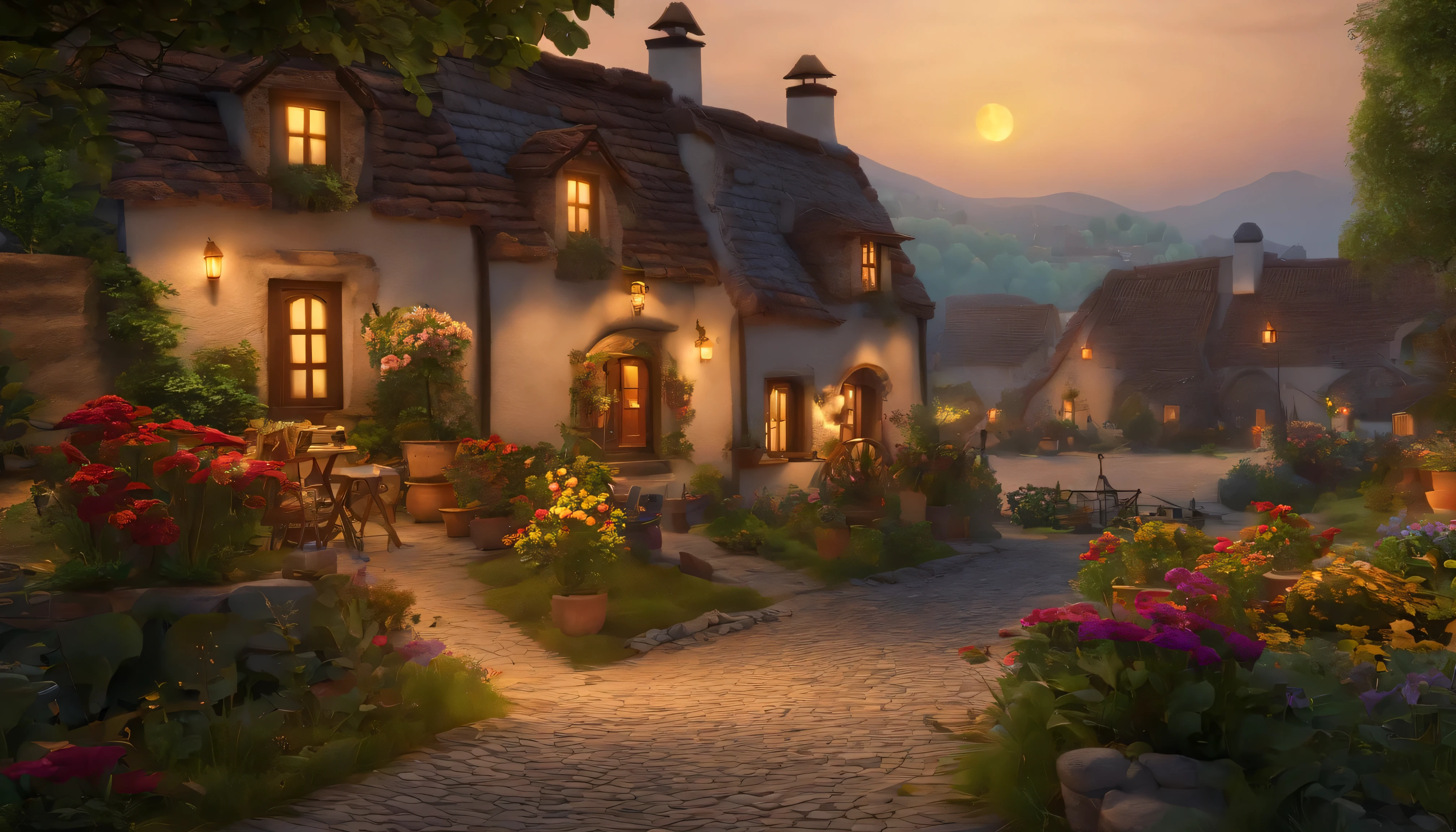 "A quiet and picturesque village, where the story unfolds. Peaceful and enchanting atmosphere, With vintage charm. Quaint Cottage, Cobblestone Street, And the flowers bloom. (Include elements such as: Villagers, Day々Activities, Traditional customs, festival). Immersive colors and soft lighting bring a sense of warmth and nostalgia. Capturing the essence of community and the joy of simple pleasures. Take us to a world of tranquility and fun stories."