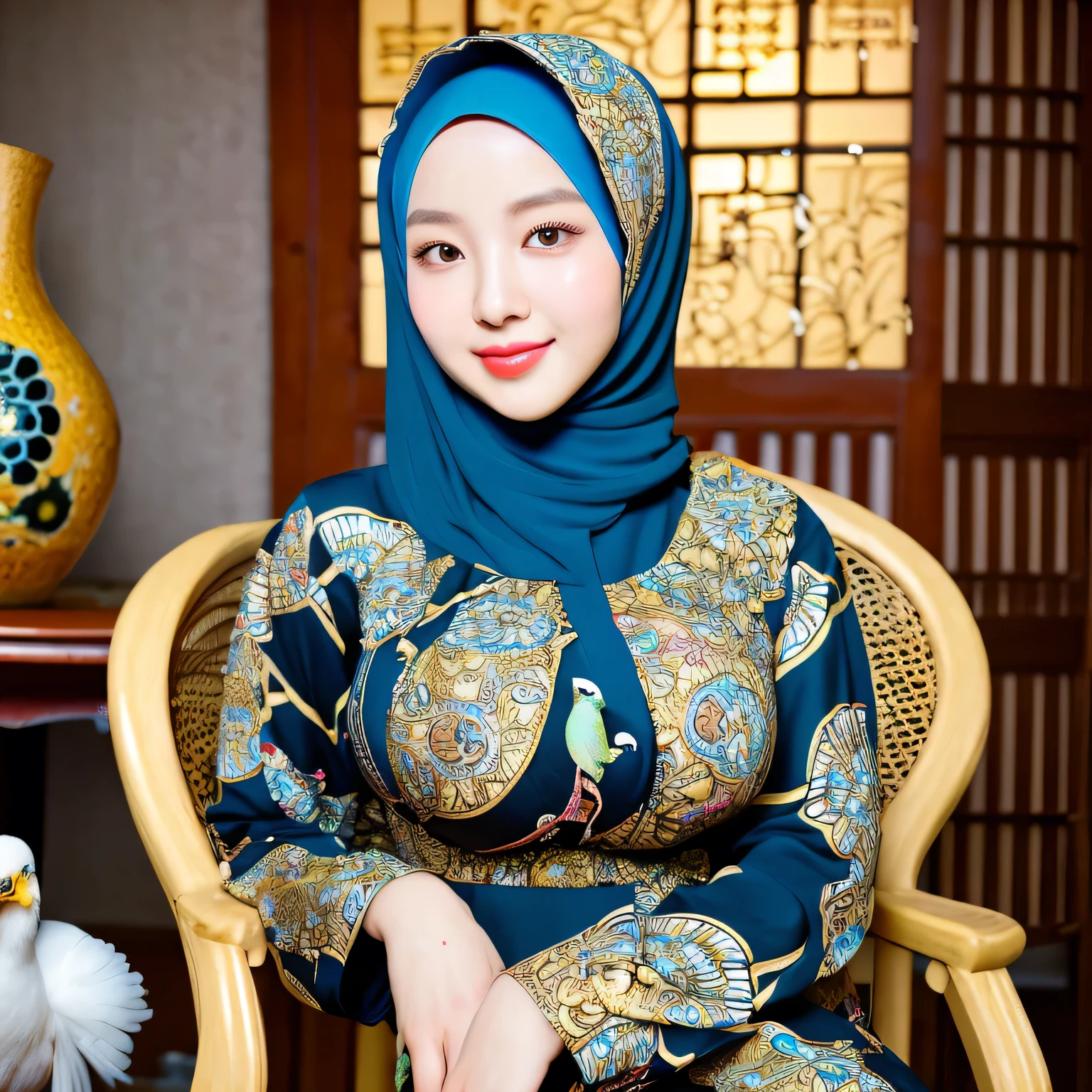 RAW, Best quality, high resolution, masterpiece: 1.3), beautiful Korean woman in hijab (iu:0.8)1beautiful Korean woman ,((big breast)),detail face,perfect yeyes, soft smile, sitting on a chair in a room with a bird cage, batik, traditional beauty, with beautiful exotic, very beautiful enga style, with lovely look, idian dress, style of ade santora, inspired by Sasha Putrya, inspired by Mym Tuma, inspired by Basuki Abdullah, wearing an ornate outfit, inspired by Shaddy Safadi
