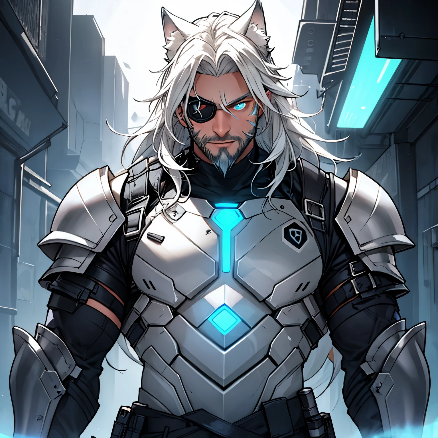 a muscular himbo with a short gruffy beard and long flowing white hair, has white wolf ears and isnt wearing a shirt, wearing high tech sci fi armor, wearing fingerless tech gauntlets, has eyepatch, solo, alone, (SOLO)(ALONE) 1 male, has glowing blue eyes, has long locks, innocent, stupid looking, wearing neon light armor, glowing armor, has glowing tattoos