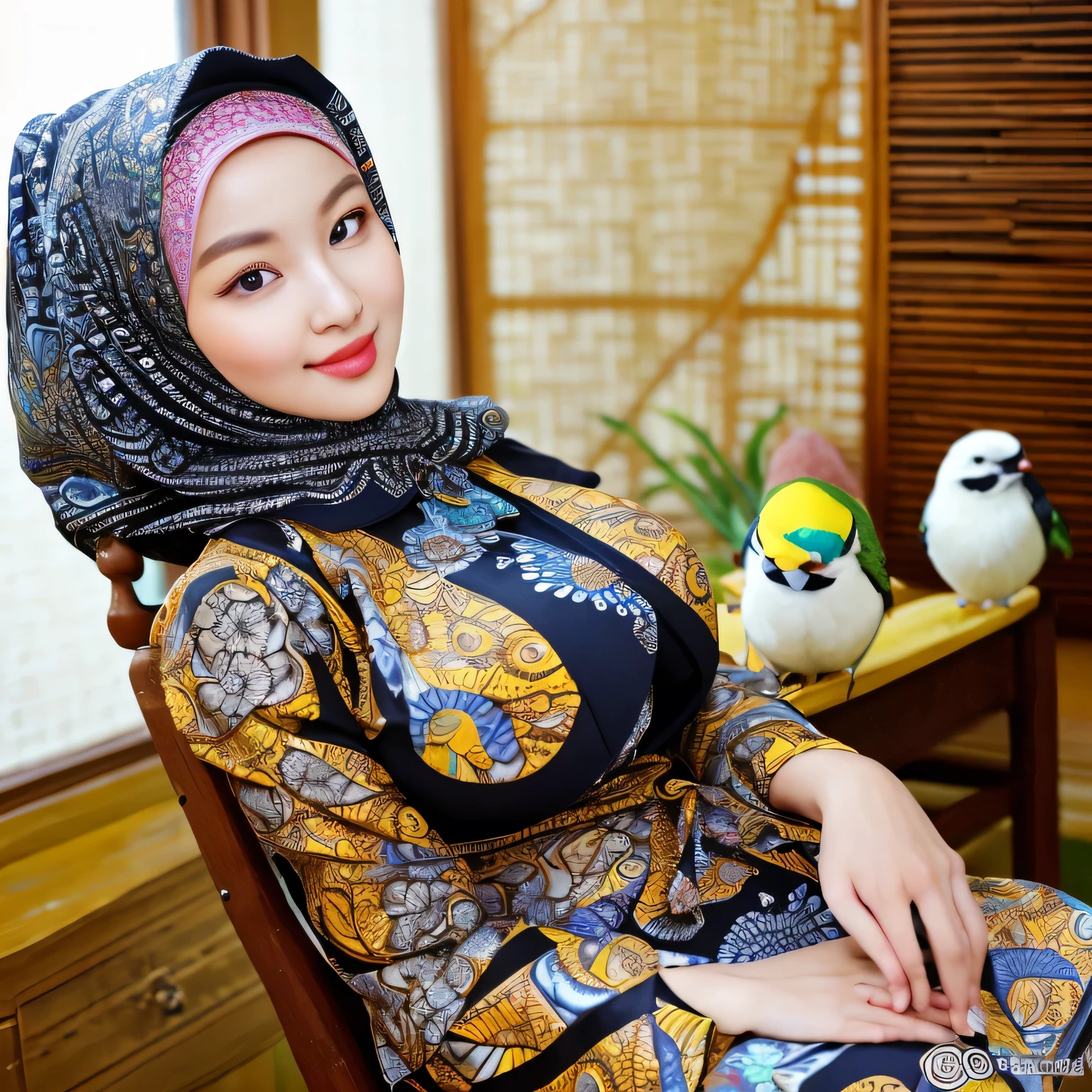 RAW, Best quality, high resolution, masterpiece: 1.3), beautiful Korean woman in hijab (iu:0.8)1beautiful Korean woman ,((big breast)),detail face,perfect yeyes, soft smile, sitting on a chair in a room with a bird cage, batik, traditional beauty, with beautiful exotic, very beautiful enga style, with lovely look, idian dress, style of ade santora, inspired by Sasha Putrya, inspired by Mym Tuma, inspired by Basuki Abdullah, wearing an ornate outfit, inspired by Shaddy Safadi
