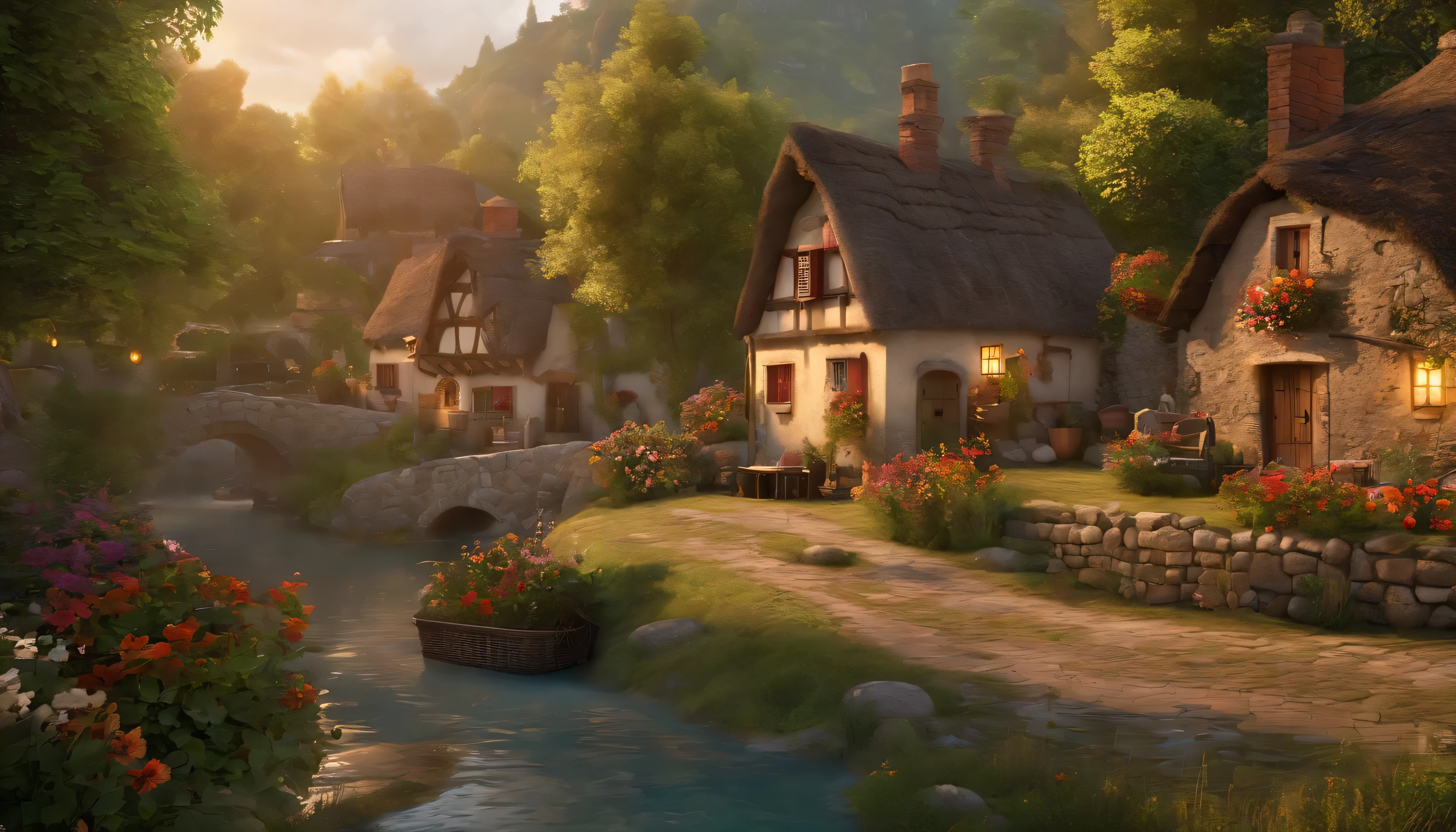 "A quiet and picturesque village, (((Big Village))).where the story unfolds. Peaceful and enchanting atmosphere, With vintage charm. Quaint Cottage, Cobblestone Street, And the flowers bloom. (Include elements such as: Villagers, Day々Activities, Traditional customs, festival). Immersive colors and soft lighting bring a sense of warmth and nostalgia. Capturing the essence of community and the joy of simple pleasures. Take us to a world of tranquility and fun stories."