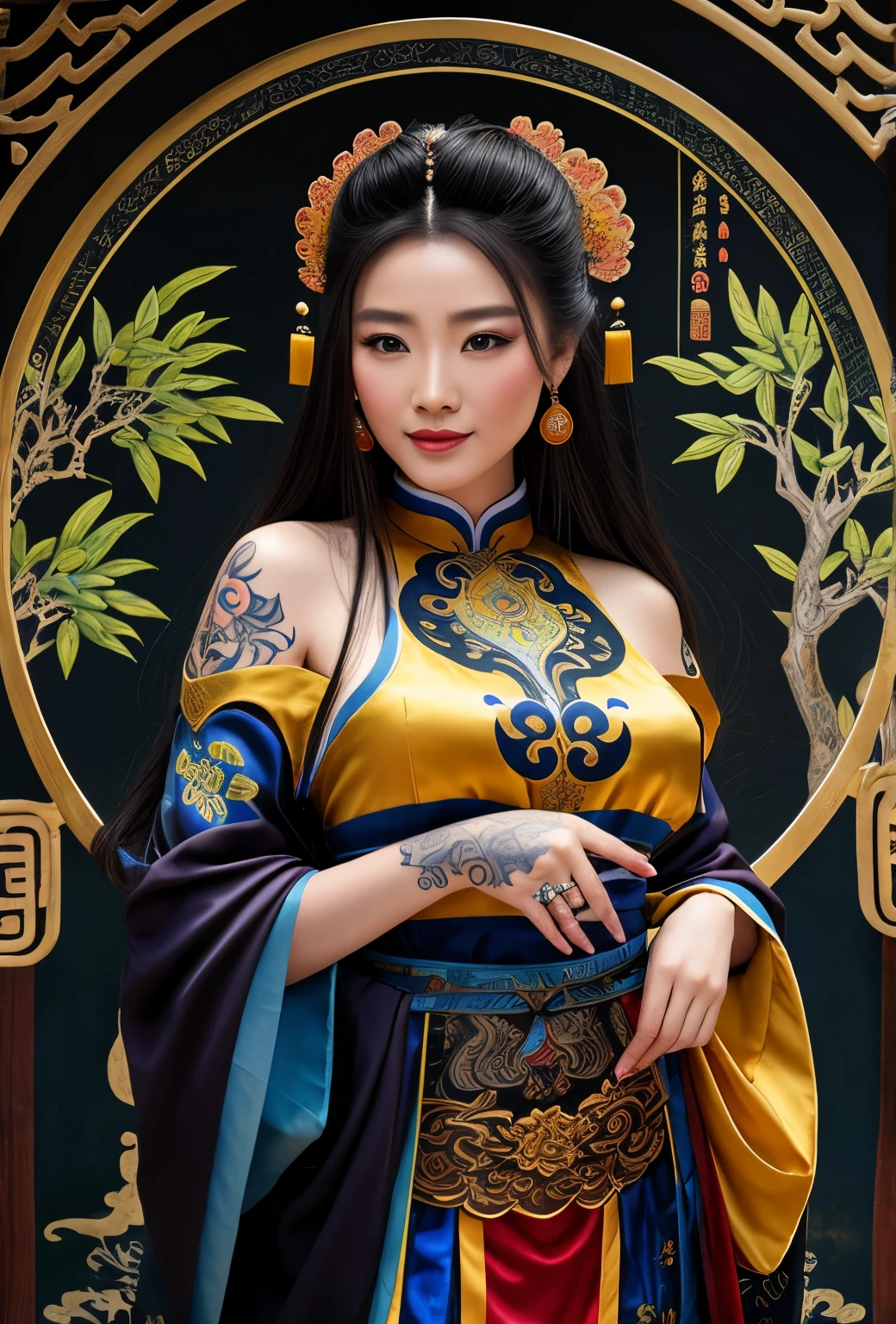 An ancient Chinese beauty, charming temperament, flowing long skirt, clear face, beautiful eyes, osmanthus surrounding, perfect body structure proportional masterpiece, super detailed, epic composition, color tattoo art, new traditional tattoo art, SD tattoo design, color tattoo art, mysterious warm and friendly atmosphere, hyper-realistic painting, super HD, high quality, highest quality, 32k --v 6