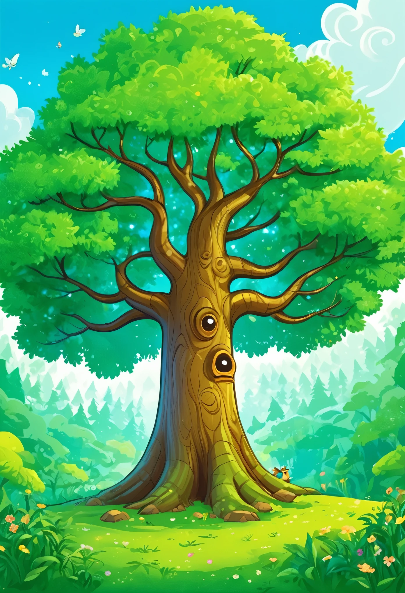 Create an enchanting illustration of a dreamy forest, with friendly trees, flores vibrantes e animais sorridentes. Highlight the Friendly Tree, a large, welcoming tree with outstretched arms. The image should have a cartoon style and be cheerful and inviting for children.