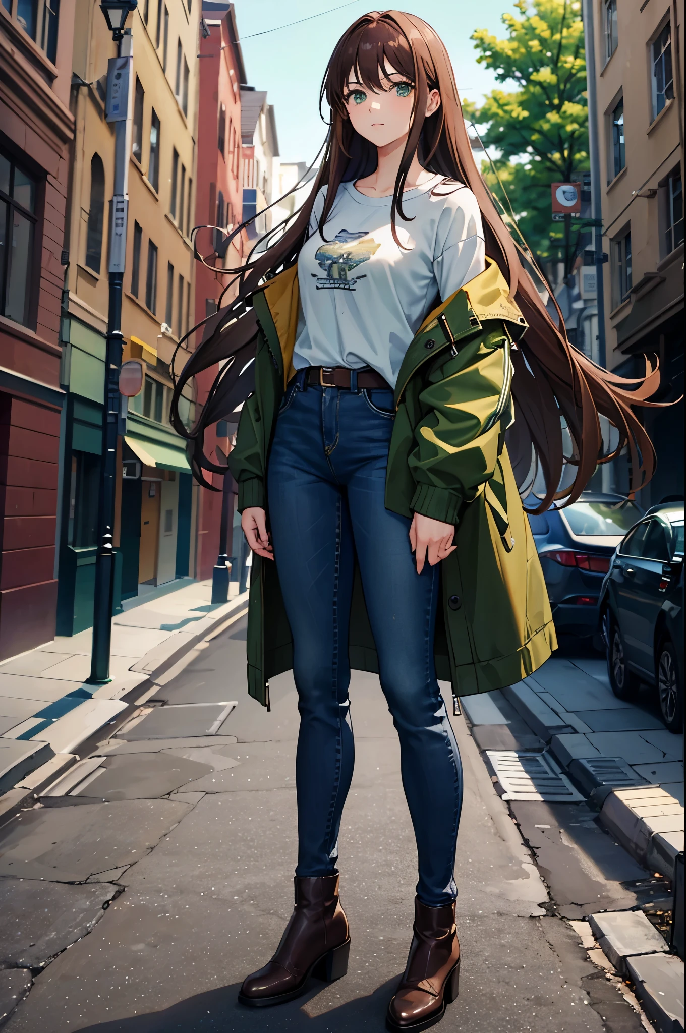 1woman, long brown hair, green eyes, shirt, jacket, jeans, standing on ground, high res, ultra sharp, 8K, masterpiece