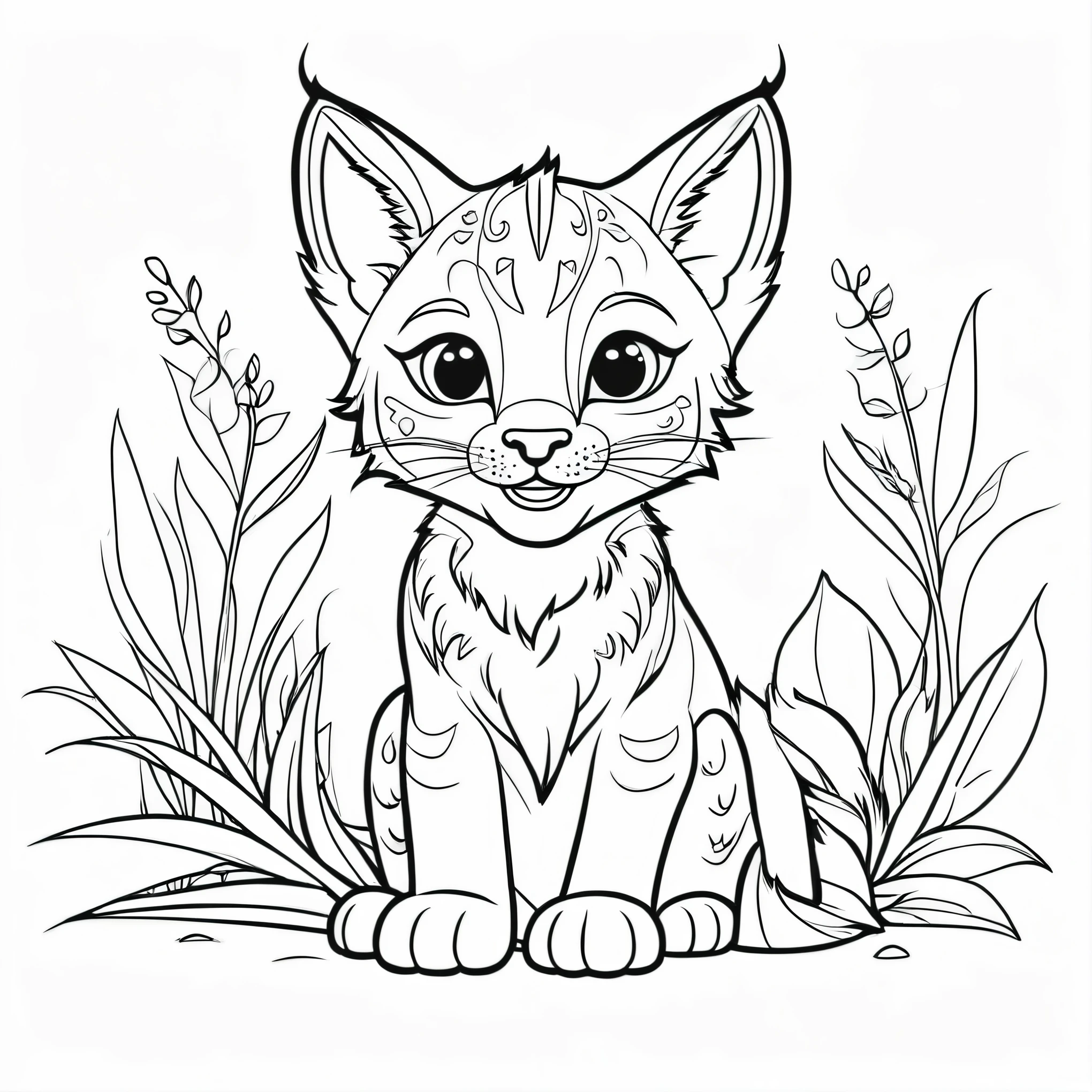 Lindo y adorable lynxes., Coloring page for kids, feliz, sonriente, vector art, minimalista, vector 2d, black lines Fondo blanco, Dibujo para colorear para principiantes, vector illustration, ink strokes, no color, Dibujo para colorear, Fondo blanco, estilo pixar, en blanco y negro