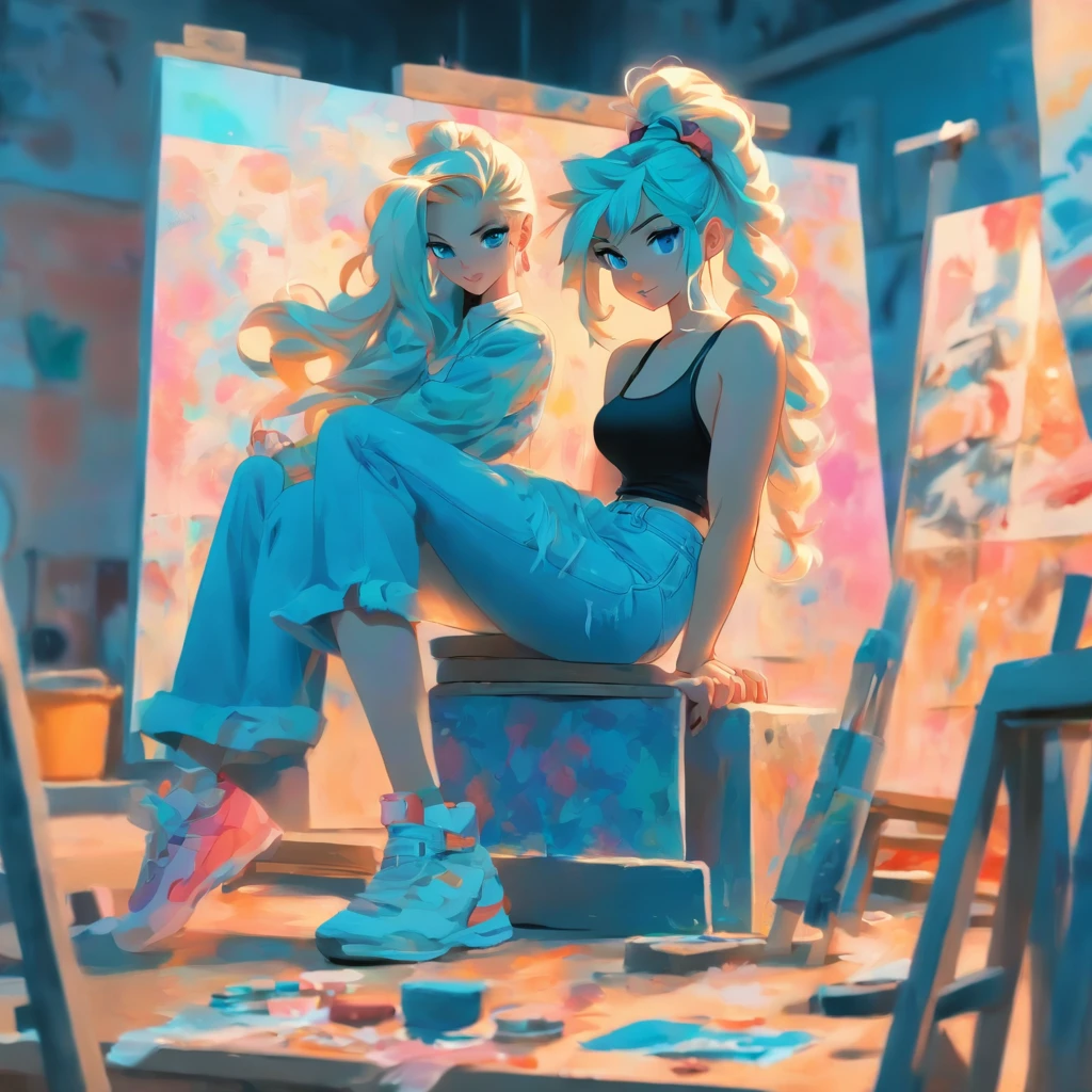 ((A girl in a art studio)) A girl sits by a easle which has a canvas. She holds a paint brush with blue paint on the tip of the brush. The girl has long blue hair and pink eyes wearing blue dress. ((on the canvas is blue eye girl with long, blonde, ponytail pin up with a black rubber band and wearing a black tank top and blue faded jeans with knee holes))