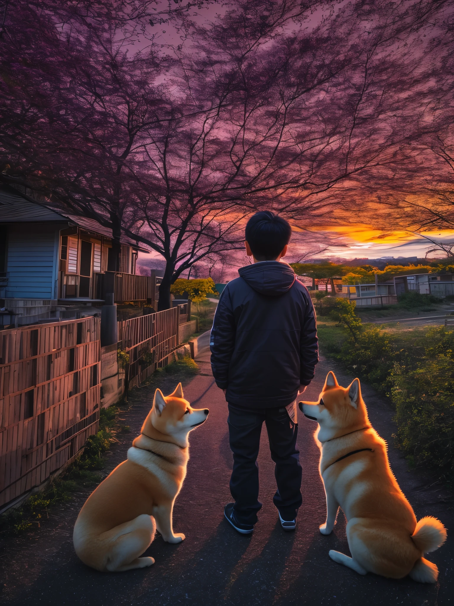 Sunset，Twilight，Long distance viewing，Realistically，multiple colour，Colorful，Wide-angle lens，Night Shooting，positive，Natural Style，HDR shooting，Shiba Inu，one person