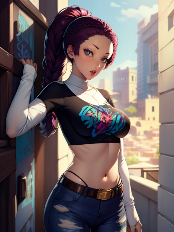 Petra, braided ponytail, brown eyes, glossy lips ,burgundy hair, 1girl, solo, standing, black t-shirt, white shirt, blue jeans, belt, lipstick, large breasts, layered sleeves