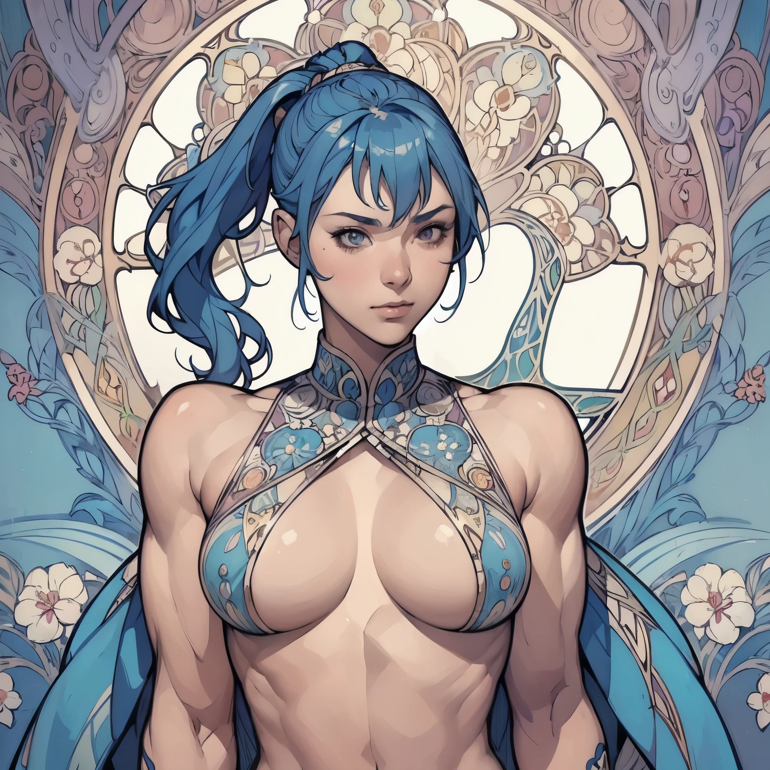 ((Detailed face)),((Mucha's style)),(vulgar),(portrait),,blue hair,side ponytail,(arms behind back:1.2),((addiction to sex))((light-armed man warrior)),Well-developed pectoral muscles,(high position:1.6)