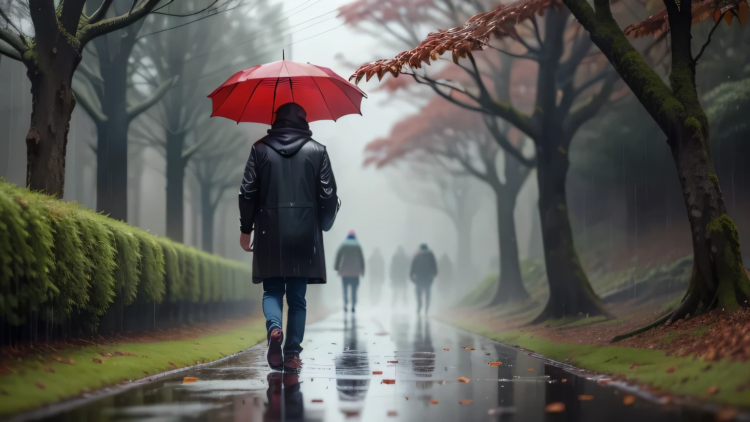 The endless autumn rain brushes the moss,Floresta de bordo vermelho,The sound is rain falling with maple leaves,Eu caminhei por caminhos lamacentos na floresta,There was an embarrassed man with his back in the smoke and rain。There is nothing at hand,Sem capa de chuva,sem guarda-chuva。