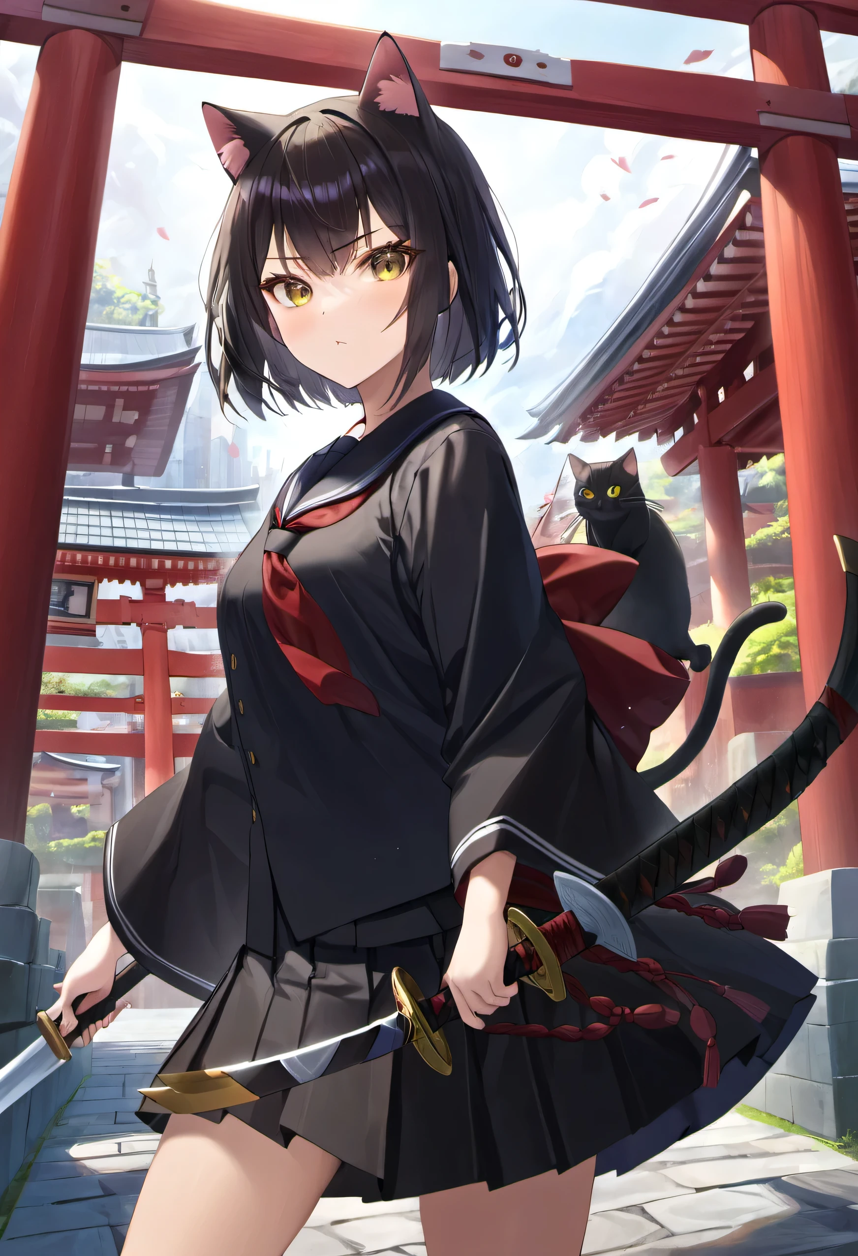 ((masterpiece)), (nekomimi 1.5), (((short black hair))), ((Japanese Bobtail)), catgirl, ((Japanese school uniform)), ((gold eyes)), (black uniform), Torii Gate, holding German sword, (holding sword 2)