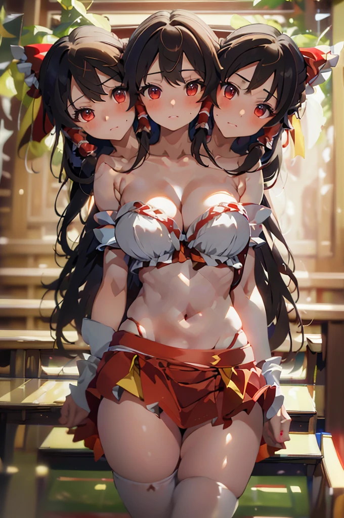 (masterpiece, best quality), best quality, (ultra-detailed), (3heads:1.5), 1girl, (hakurei reimu:1.3), masterpiece, best quality, ultra quality, ultra resolution, ultra deatil, red top, crop top, ((stomach)), midriff, ((groin)), red skirt, normal ears, shackles, brown hair, very long hair, wavy hair, sidelocks, brown eyes, detailed eyes, parted lips, sweat, cute, toned belly, hand on own chest, eyelashes, (24 year old woman:1.3), (masterpiece:1.5), (best quality:1.5), (beautiful detailed), extremely detailed CG, extremely delicate and beautiful, depth of field, (finely detailed face), (perfect details:1.2), (mature female:1.3), wide pelvis, slender, large veiny breast, 16k resolution, highres, high quality, high definition, extremely detailed, masterpiece, brown hair, long hair, alluring presence, braid, short skirt, close up, big tits, young, red bow, frilled bow, hair tubes,