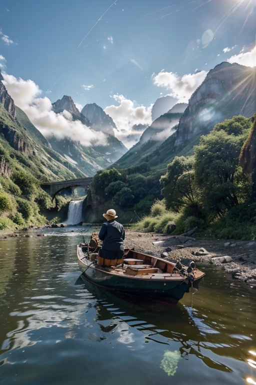 A old man in center of image, using fishing rod (better sharpness, large morden boat, river between mountains, waterfall in background, realist, highers, datails of frame, day shunshine, sun between clouds., high quality