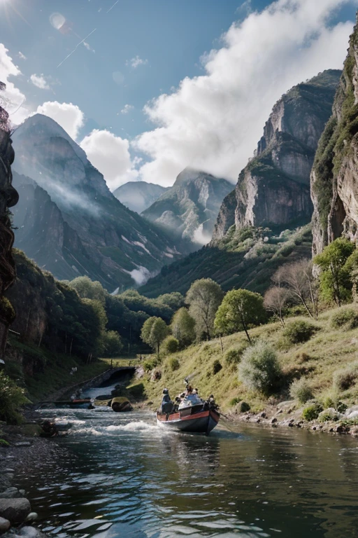 A old man in center of image, using fishing rod (better sharpness, large morden boat, river between mountains, waterfall in background, realist, highers, datails of frame, day shunshine, sun between clouds., high quality