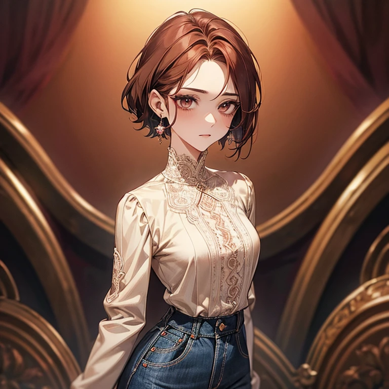 Reddish brown hair、Pixie Cut、Bob、Nape、Short nape、White lace high neck long sleeve blouse、Black jeans、Long eyelashes、fine、young、delicate、10th Generation、Slender girl、Earrings、Livelinesodest chest、Beautiful woman looking back