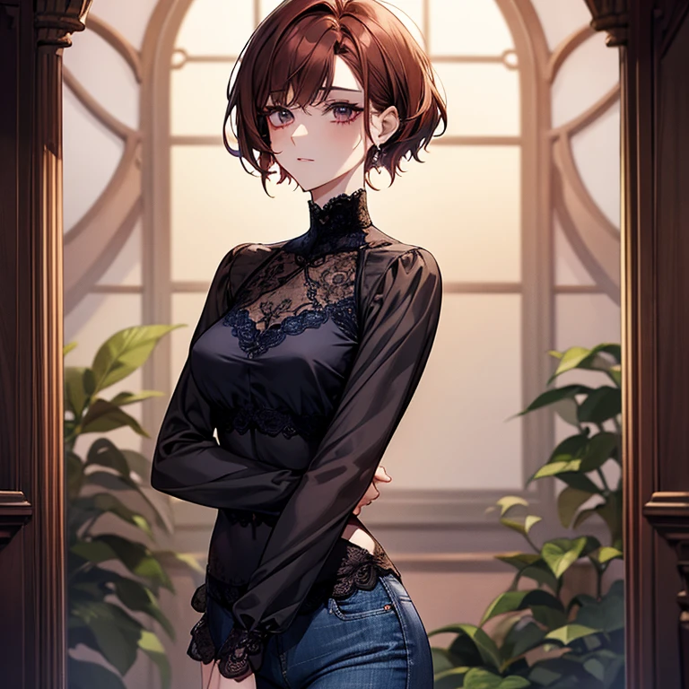 Reddish brown hair、Pixie Cut、Nape、Short nape、Lace high neck long sleeve blouse、Dark navy jeans、Long eyelashes、fine、young、delicate、10th Generation、Slender girl、Earrings、Livelinesodest chest、