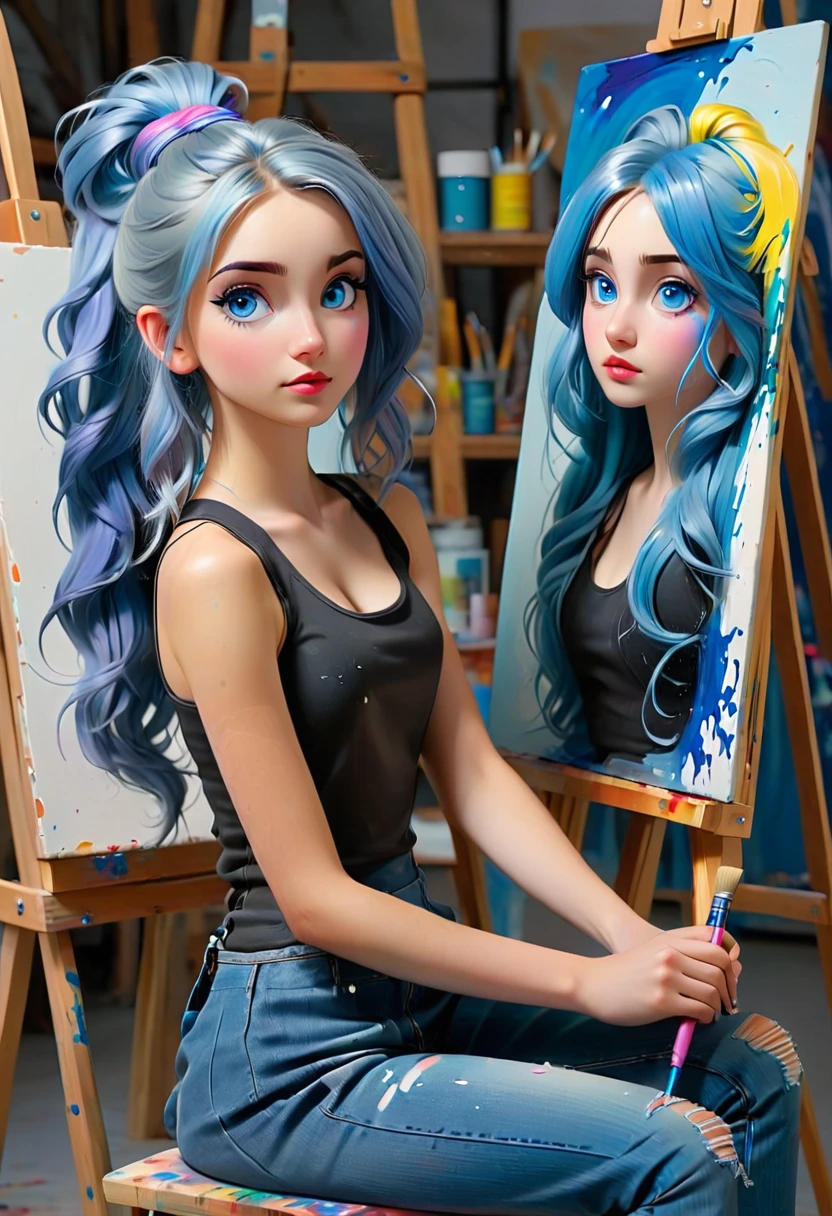 ((A girl in a art studio)) A girl sits by a easle which has a canvas. She holds a paint brush with blue paint on the tip of the brush. The girl has long blue hair and pink eyes wearing blue dress. ((on the canvas is blue eye girl with long, blonde, ponytail pin up with a black rubber band and wearing a black tank top and blue faded jeans with knee holes))