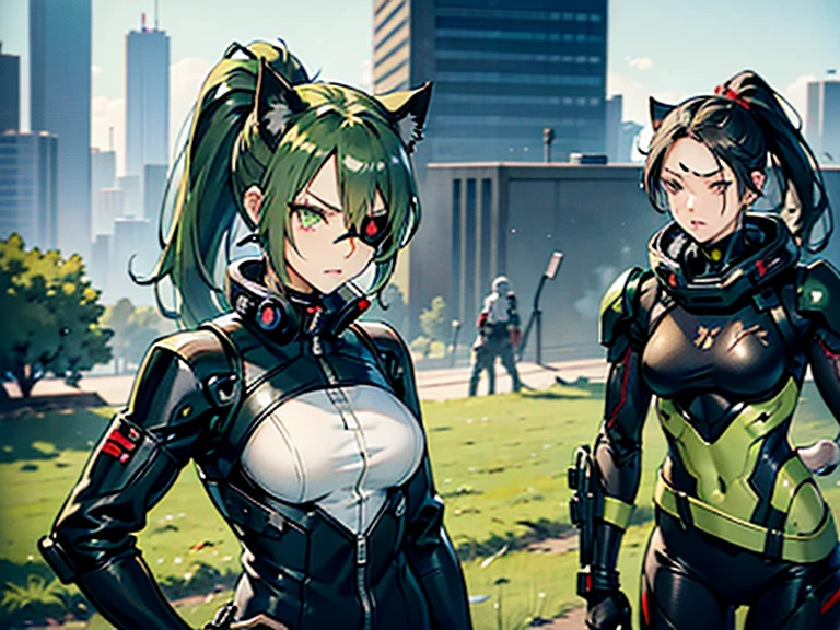 tired, annoyed, anime cat woman, green eyes and light green hair, cybernetic eye prosthesis, eye patch, face scar, sci-fi, mecha outfit, cybersuit, techwear, missing eye, burns, red eye prosthesis, muscular, messy ponytail, loose clothes, smaller breasts, single character, long jacket, cat mech in the background