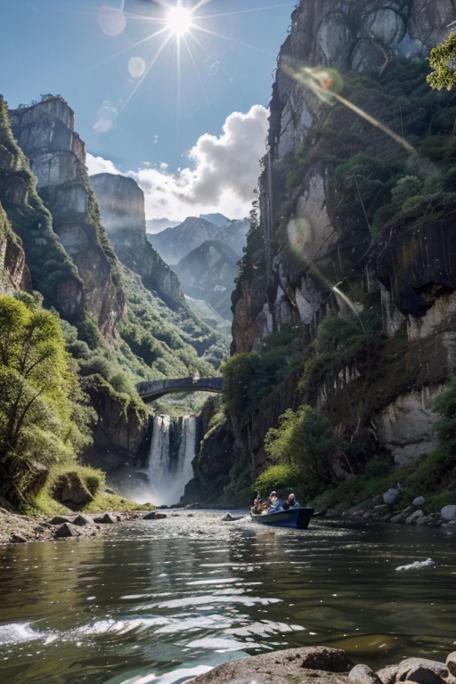 A old man in center of image, fishing rod in hand (better sharpness, large morden boat, river between mountains, small and large rocks, waterfall in background, realist, highers, datails of frame, day shunshine, sun between clouds., high quality