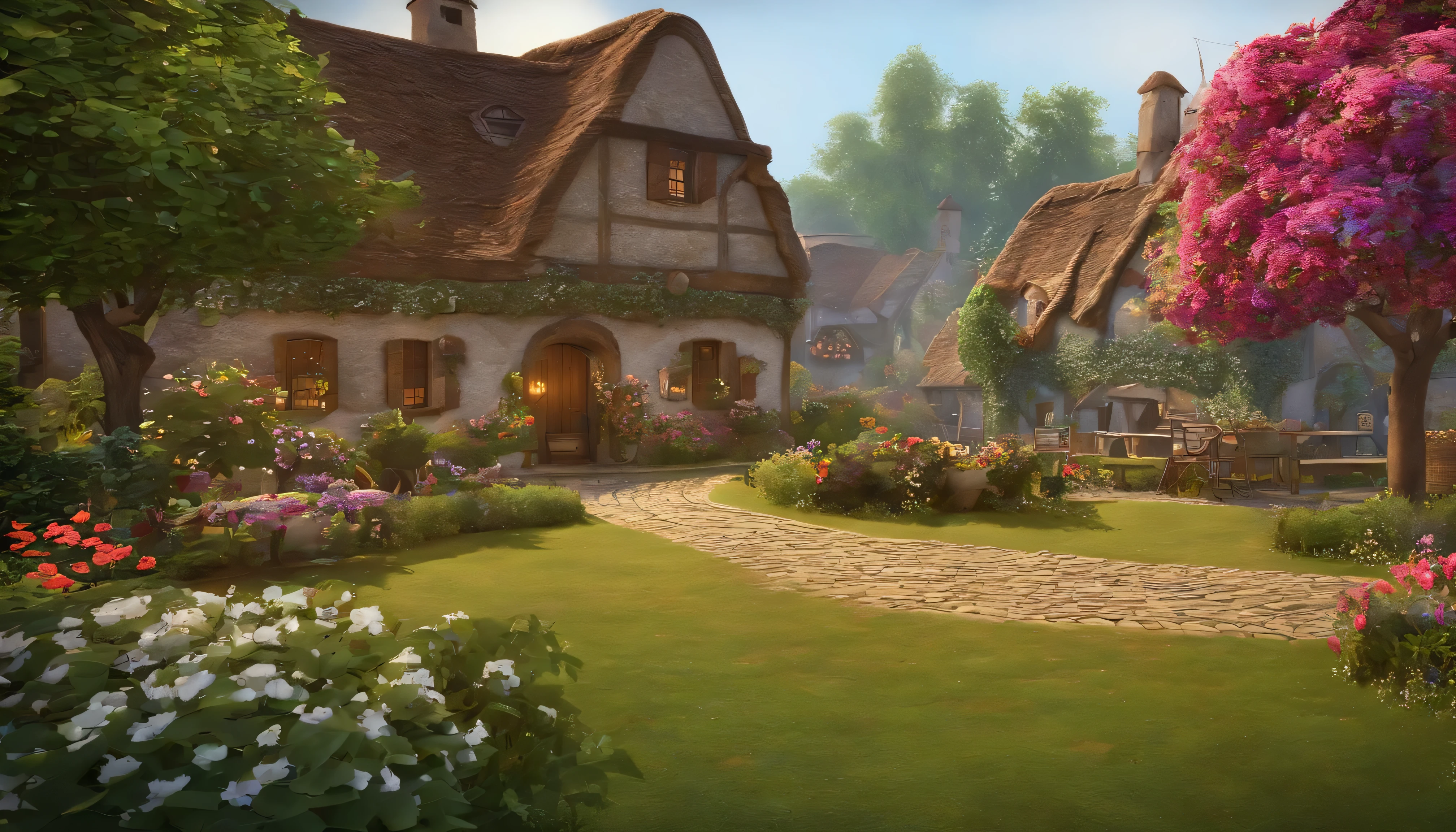 (((Large village exterior)))"A quiet and picturesque village.where the story unfolds. Peaceful and enchanting atmosphere, With vintage charm. Quaint Cottage, Cobblestone Street, And the flowers bloom. Immersive colors and soft lighting bring a sense of warmth and nostalgia. Capturing the essence of community and the joy of simple pleasures. Take us to a world of tranquility and fun stories."