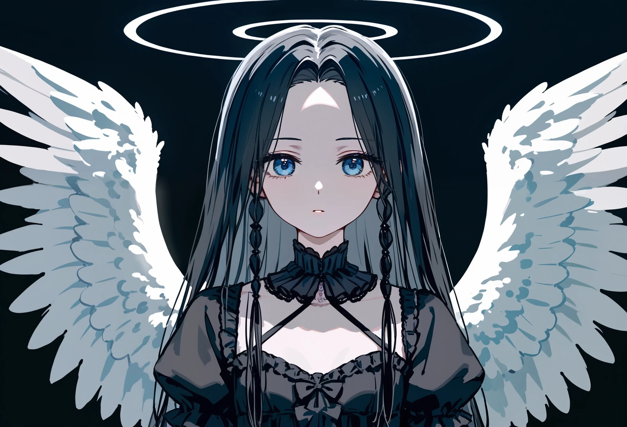 masterpiece, T-ponyai3 style, zoom out, score_9, score_8_up, score_7_up, portrait, 1girl, solo, black hair, long hair, parted bangs, dark blue eyes, innexpressive, pale skin, small breasts, upper body, victorian fashion, black dress, frilled dress, short sleeves, white wings, wide wings, (big wings), double halo over head, arms on sides, black background, best quality
