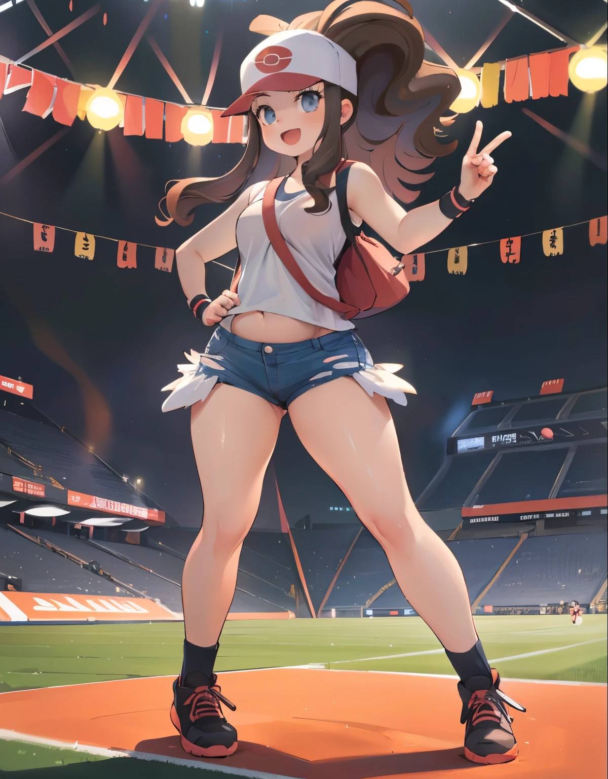 (best quality, highres, masterpiece:1.2), ultra-detailed, realistic:1.37, sketches, full body, hilda pokemon, def1, curvy, visible thighs, chubby thighs, thighs in the foreground, body shape, loved look, smile, open mouth, encanto femenino,  in a stadium, dinamic pose