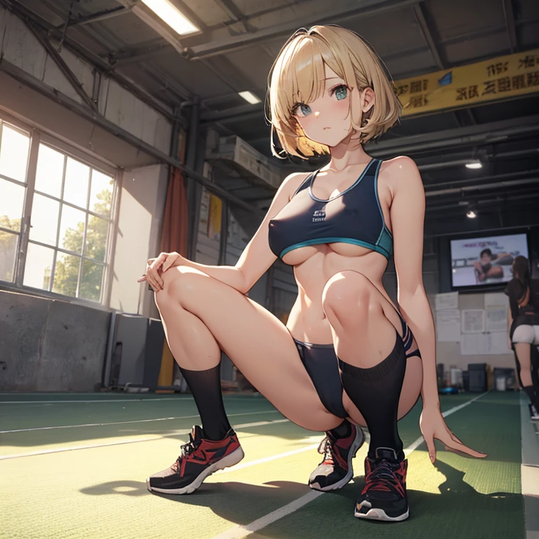 Short Hair、Blonde、Nipples、tits、Athletics、Sports Bra、stockings、Open your legs while crouching、Perfect body