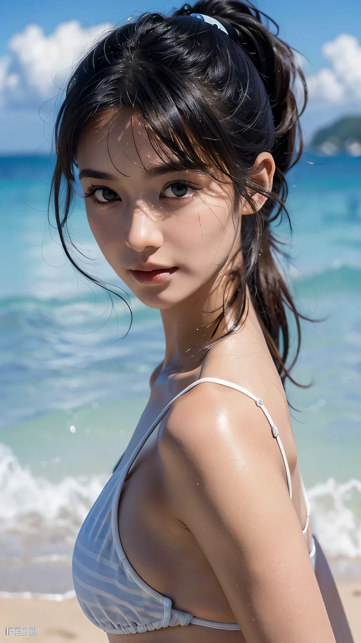 Beach, white bikini,close-up of face,One woman,fully body photo,masutepiece, The highest image quality, High quality, the background is clear,Beautiful woman, Japanese, Detailed, Detailed eyes, Detailed skin, Beautiful skin, 超hight resolution, (reality: 1.4),Very beautiful woman, Slightly younger face, Beautiful skin, slender, (Ultra photo realsisim), (hight resolution), (8K), (Very detailed) (beautifully detailed eyes), (super detailed), (Detailed face), view the viewer, Fine details, Detailed face, Staring straight ahead, Staring straight ahead, photos realistic, Bright lighting, Professional Lighting, Black hair,poneyTail,a ,sixteen ye: ponytail,Long ponytail hairstyle,slight smile,
